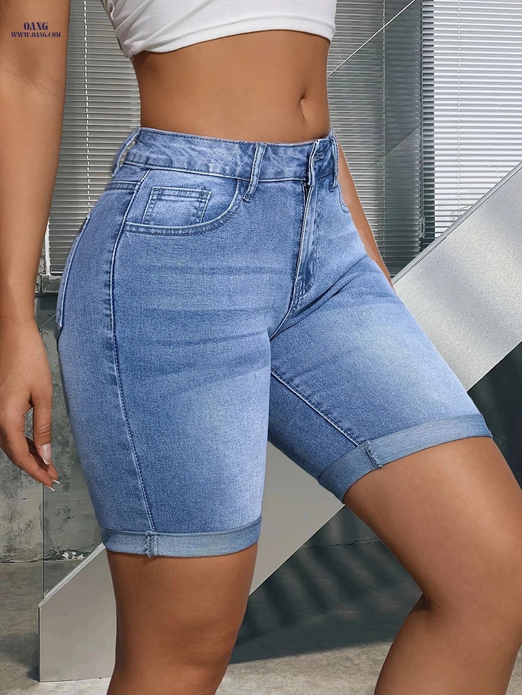 Elegant Blue High Stretch Bermuda Shorts - Button Details for Summer   OAXG 