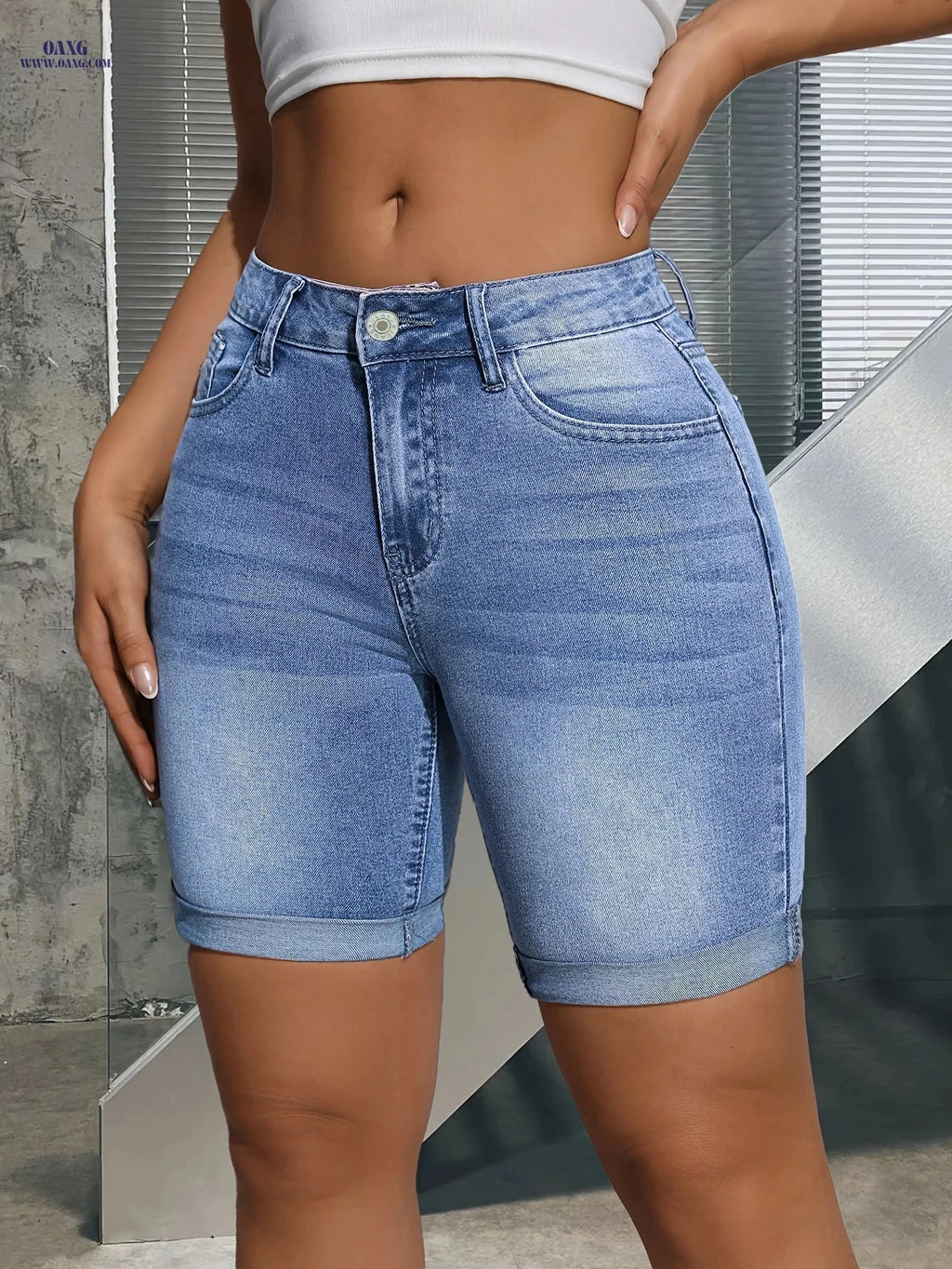 Elegant Blue High Stretch Bermuda Shorts - Button Details for Summer   OAXG 