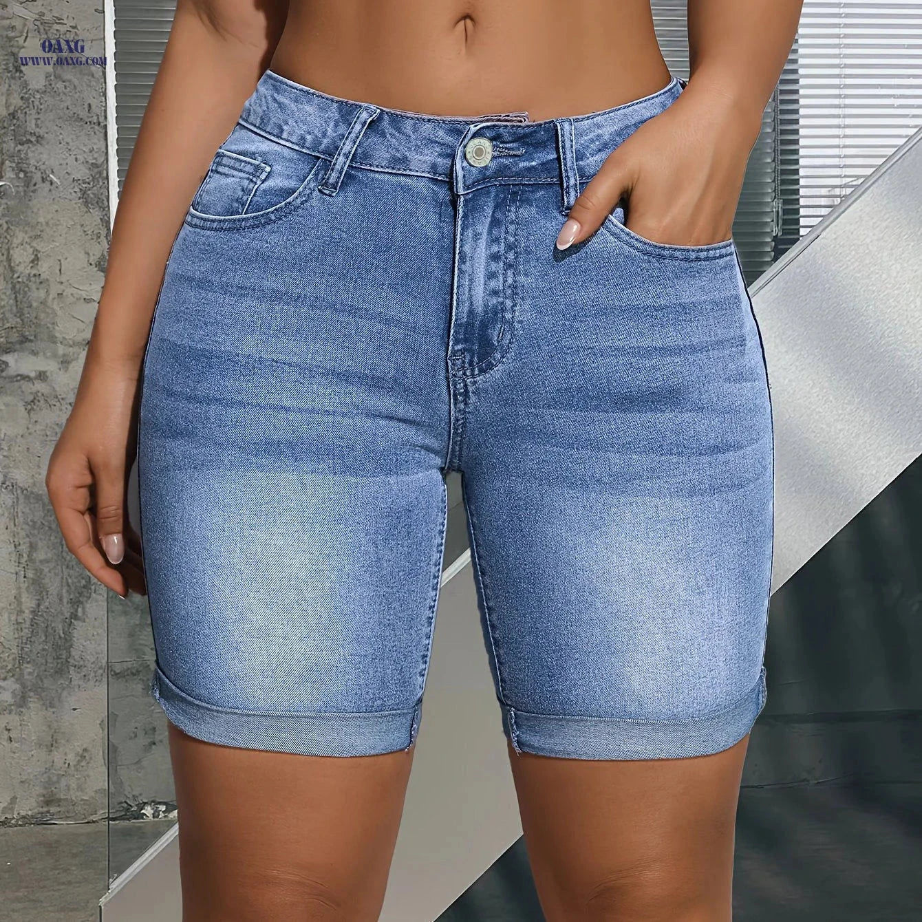 Elegant Blue High Stretch Bermuda Shorts - Button Details for Summer   OAXG 