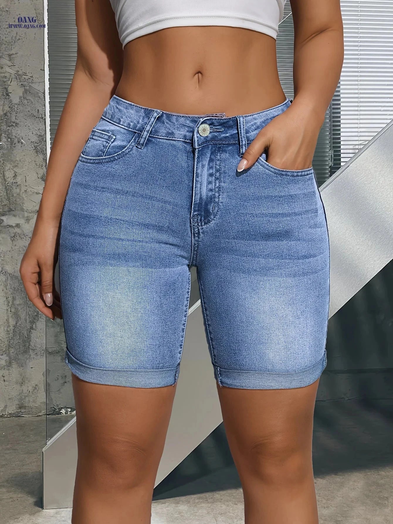 Elegant Blue High Stretch Bermuda Shorts - Button Details for Summer   OAXG 