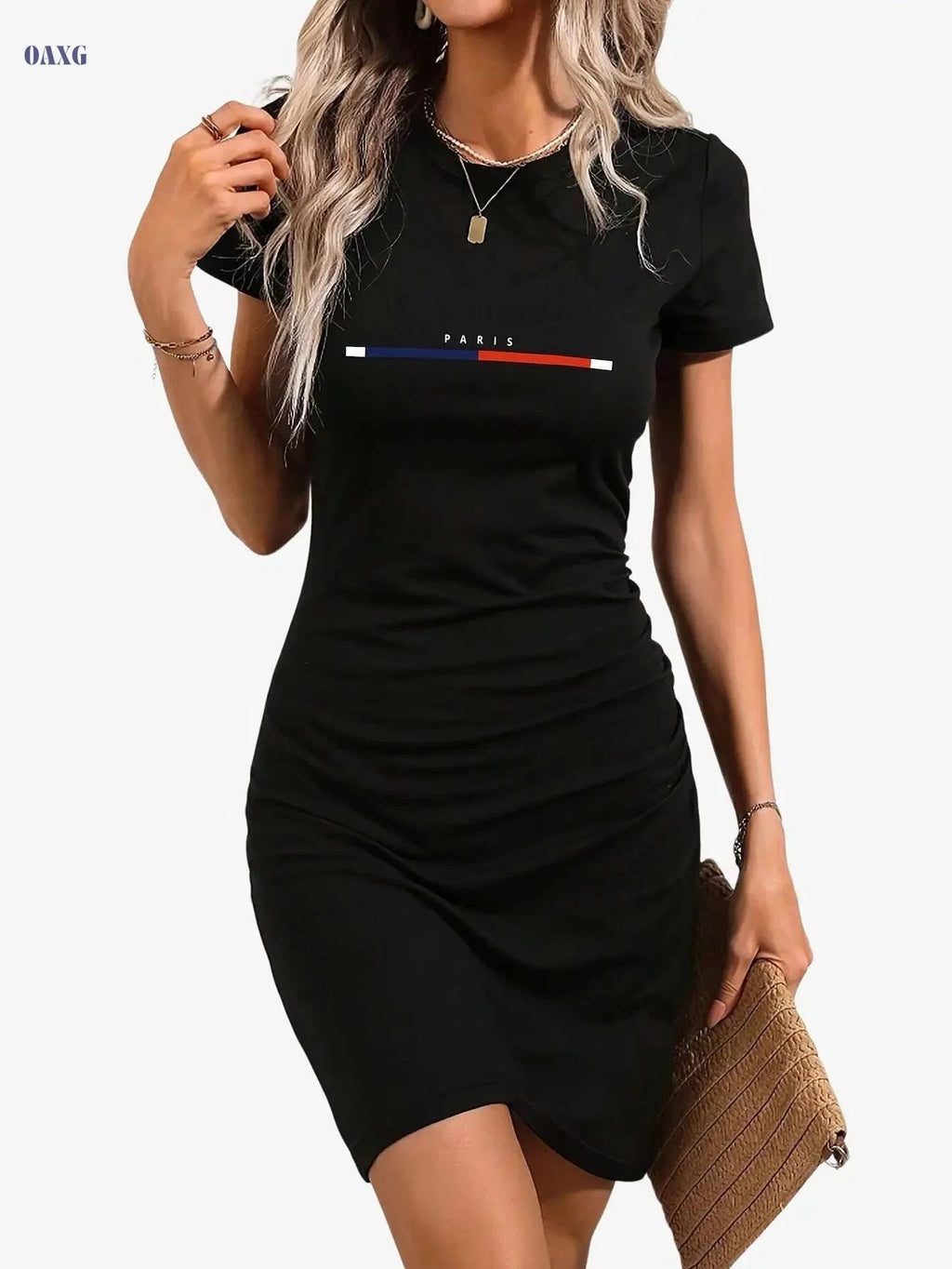 Elegant Bodycon Jumpsuit - Artistic Print, Round Neck, Breathable Fabric   OAXG Black / XL