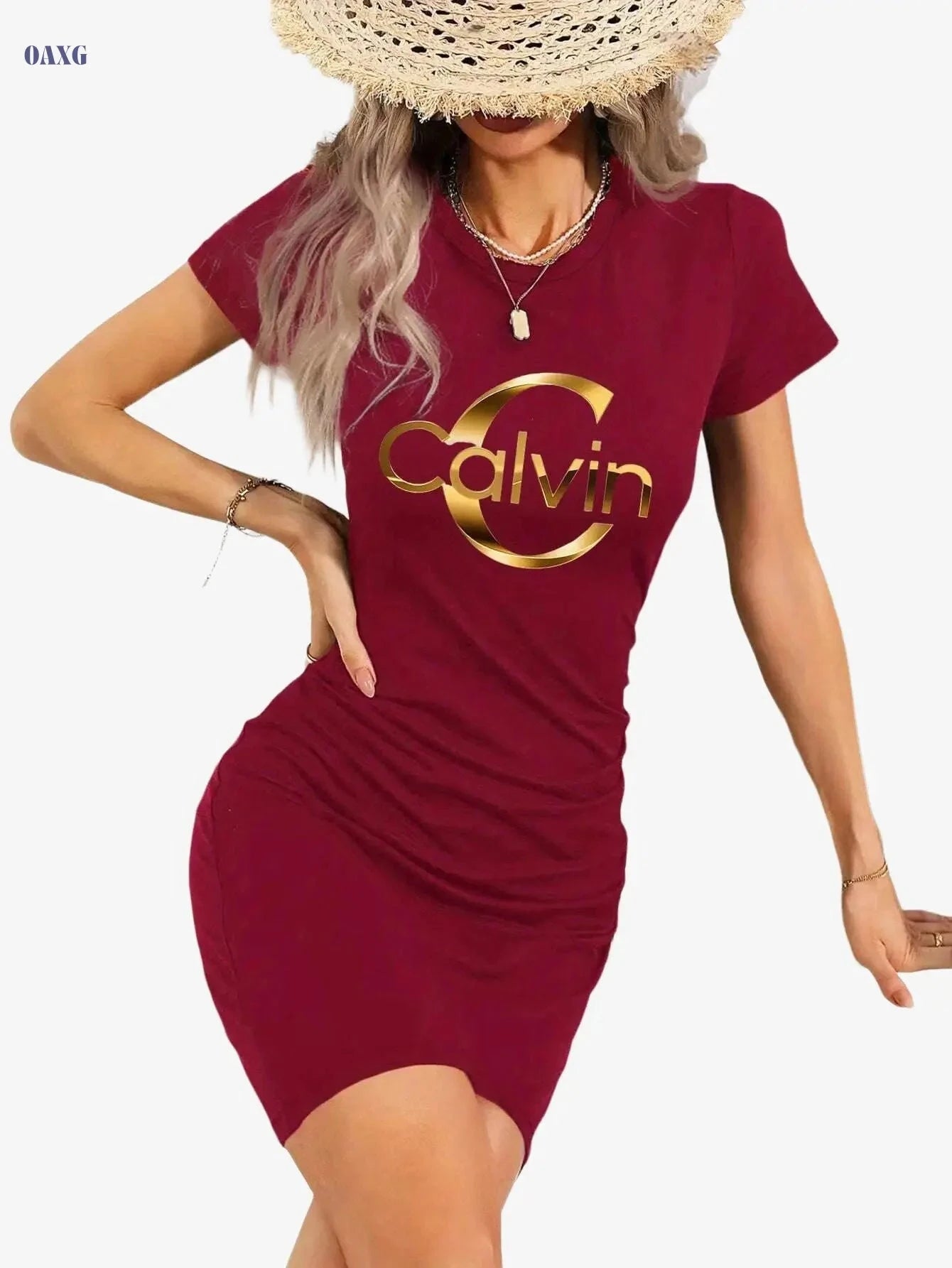 Elegant Bodycon Jumpsuit - Artistic Print, Round Neckline, Stretchy Fit   OAXG Rose Red / S