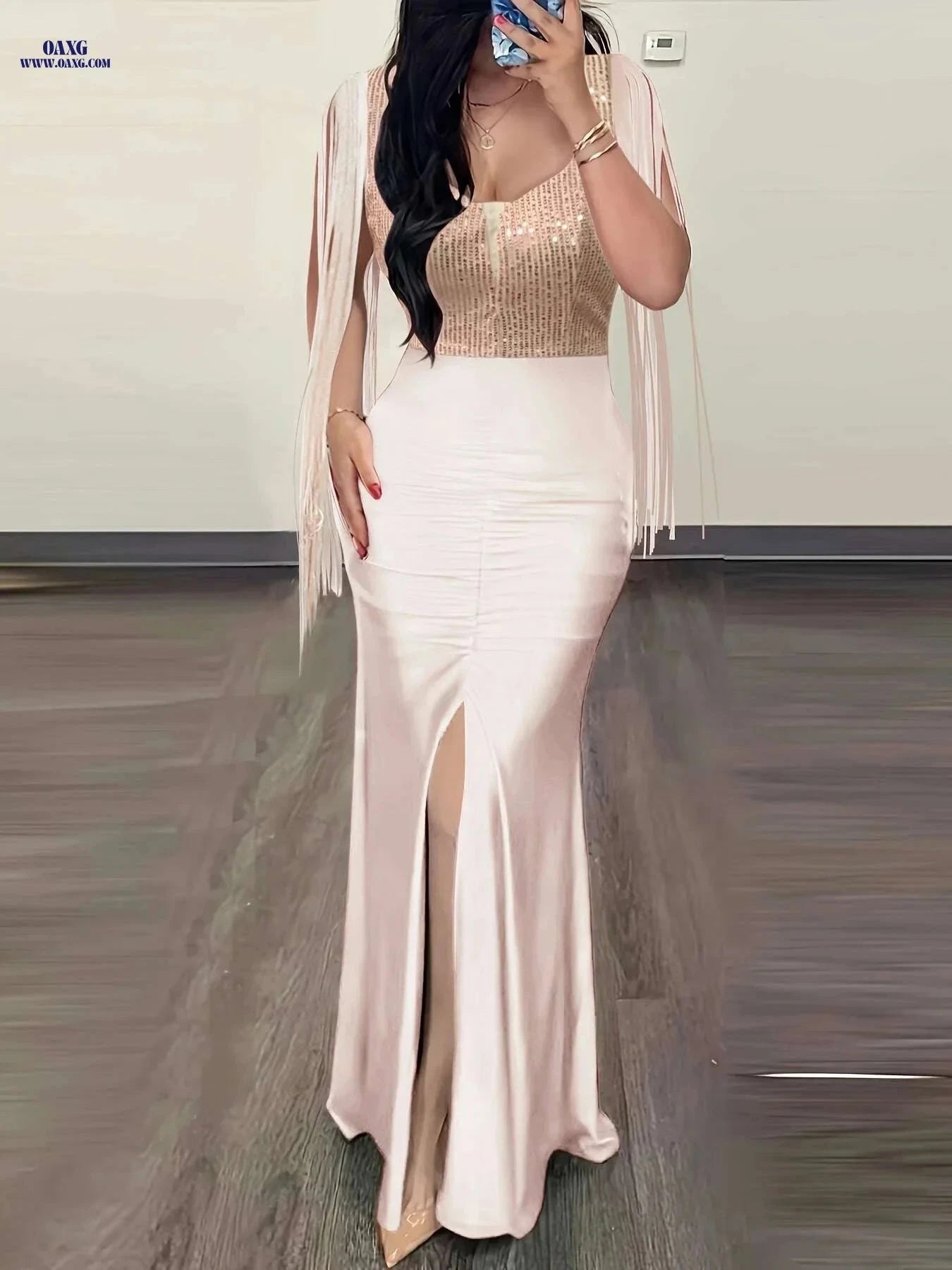 Elegant Bodycon Party Dress with Tassel Trim & Cut Out Back   OAXG 