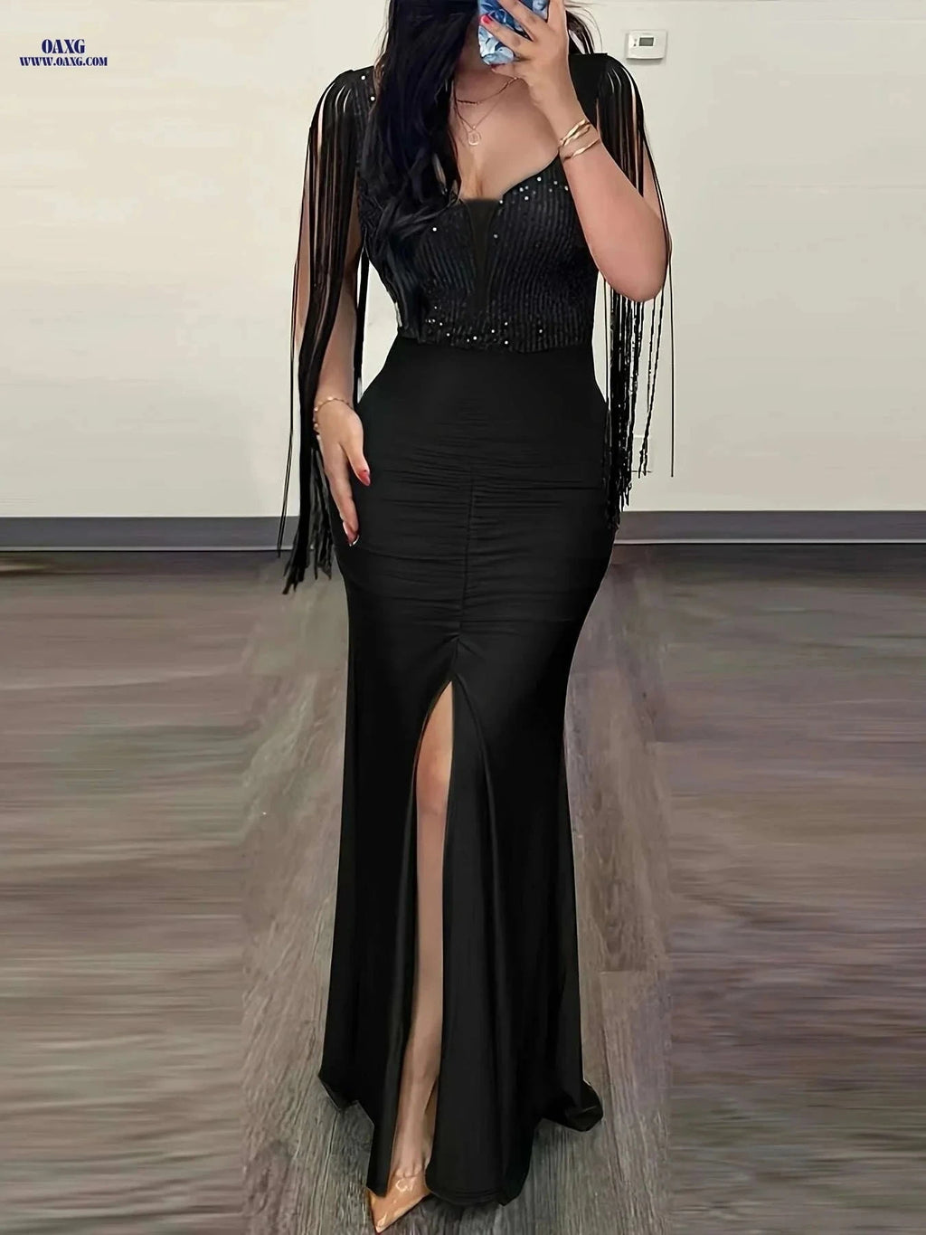 Elegant Bodycon Party Dress with Tassel Trim & Cut Out Back   OAXG Black / S