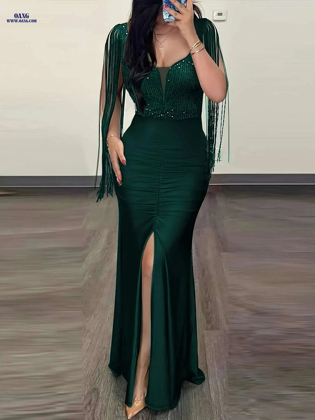 Elegant Bodycon Party Dress with Tassel Trim & Cut Out Back   OAXG Black / S