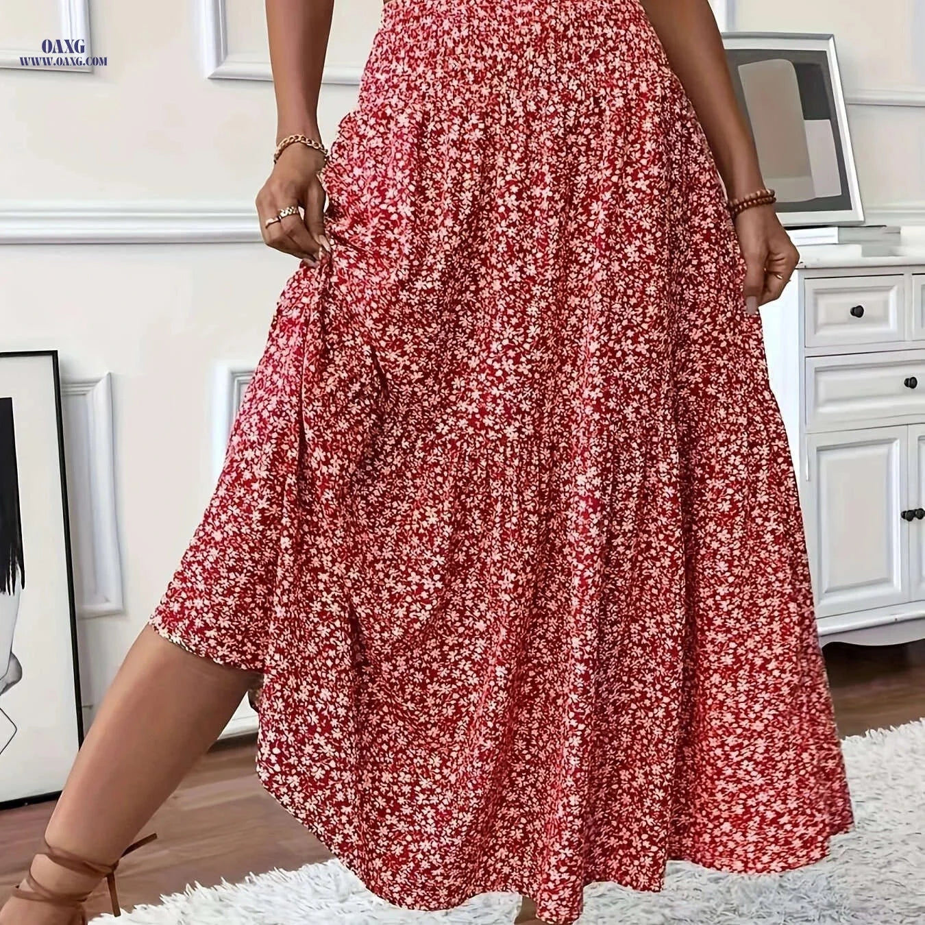 Elegant Bohemian Maxi Skirt - Floral Print, High-Rise Design for Women   OAXG 