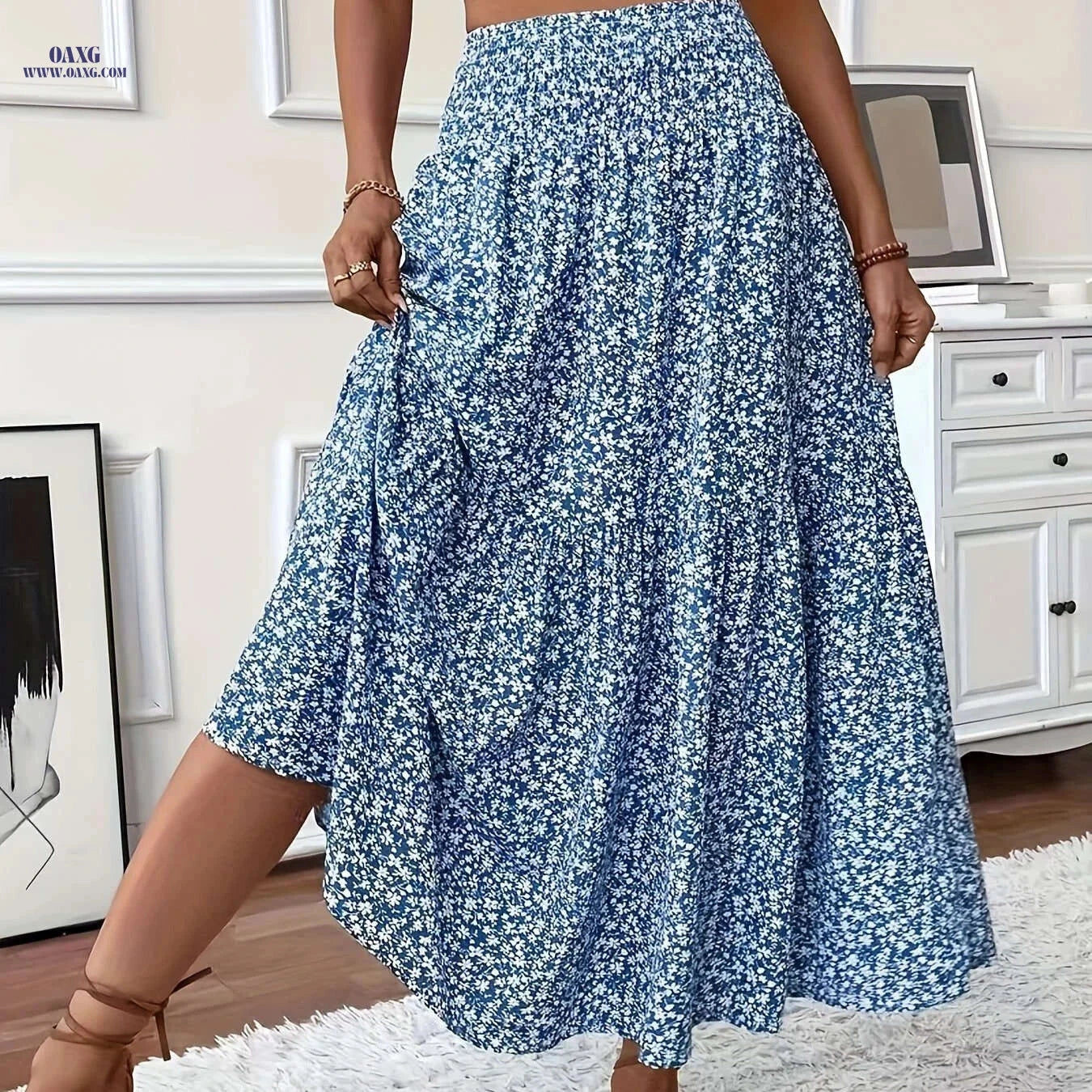 Elegant Bohemian Maxi Skirt - Floral Print, High-Rise Design for Women   OAXG 