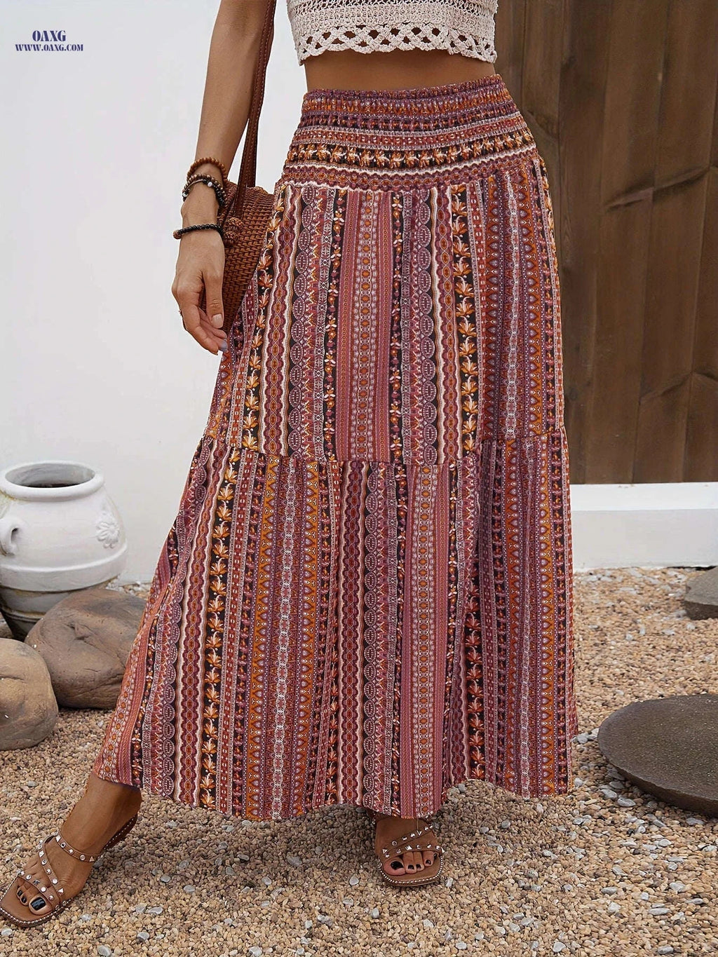 Elegant Bohemian Maxi Skirt - Floral Print, High-Rise Design for Women   OAXG Mixed Color / S