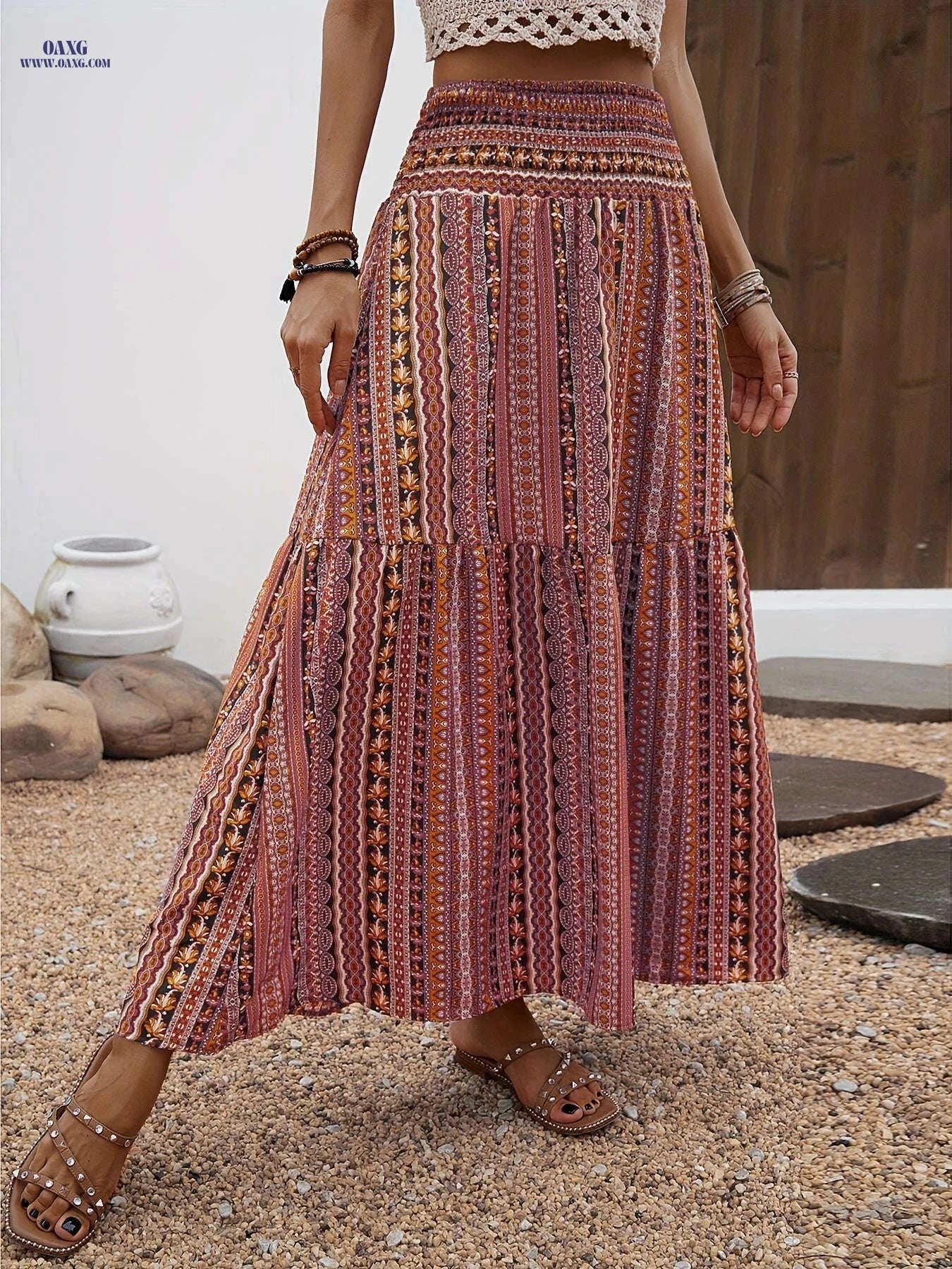 Elegant Bohemian Maxi Skirt - Floral Print, High-Rise Design for Women   OAXG Mixed Color / S