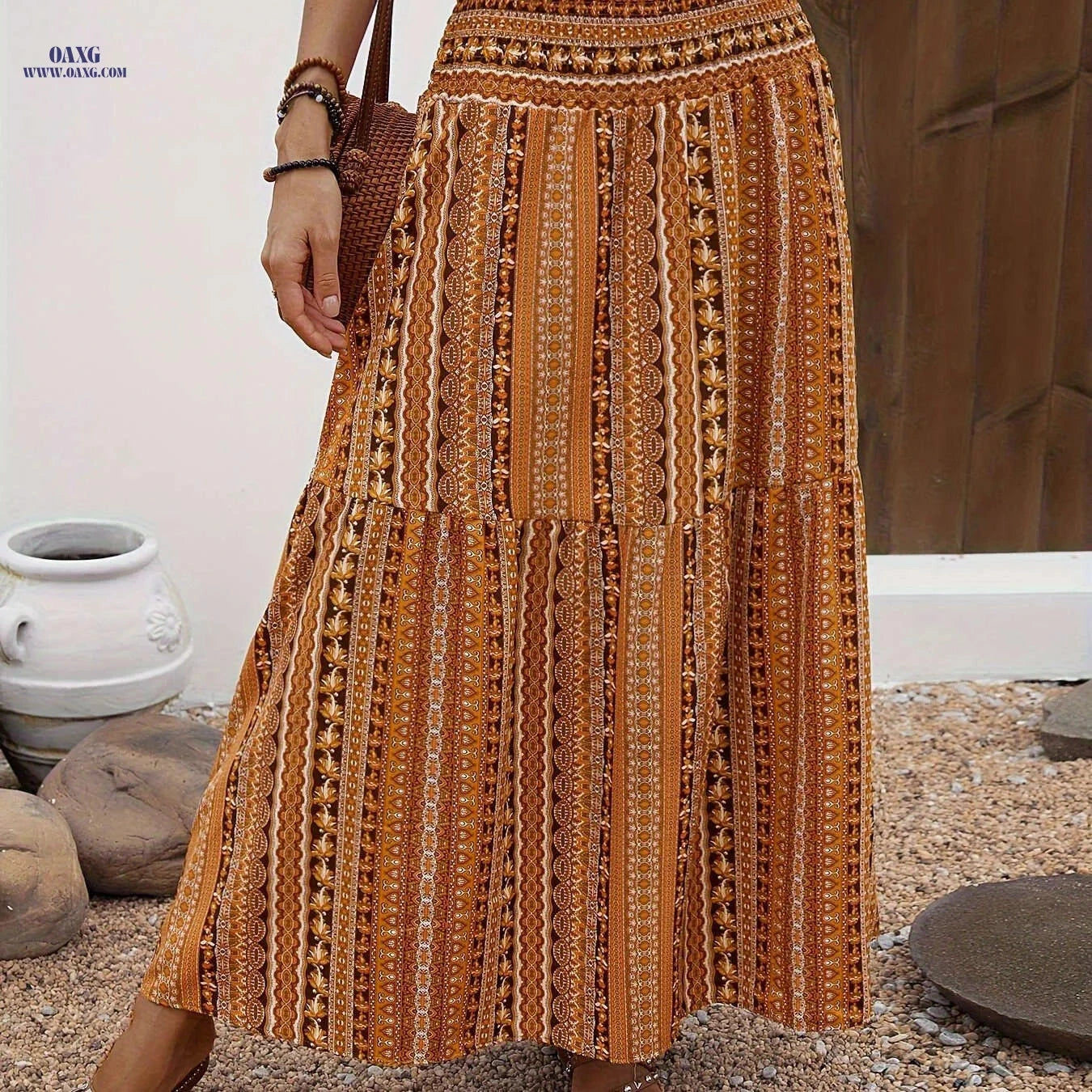 Elegant Bohemian Maxi Skirt - Floral Print, High-Rise Design for Women   OAXG 