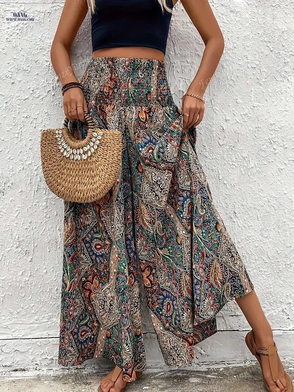 Elegant Bohemian Wide Leg Trousers – Women's High-Rise Casual Pants   OAXG 