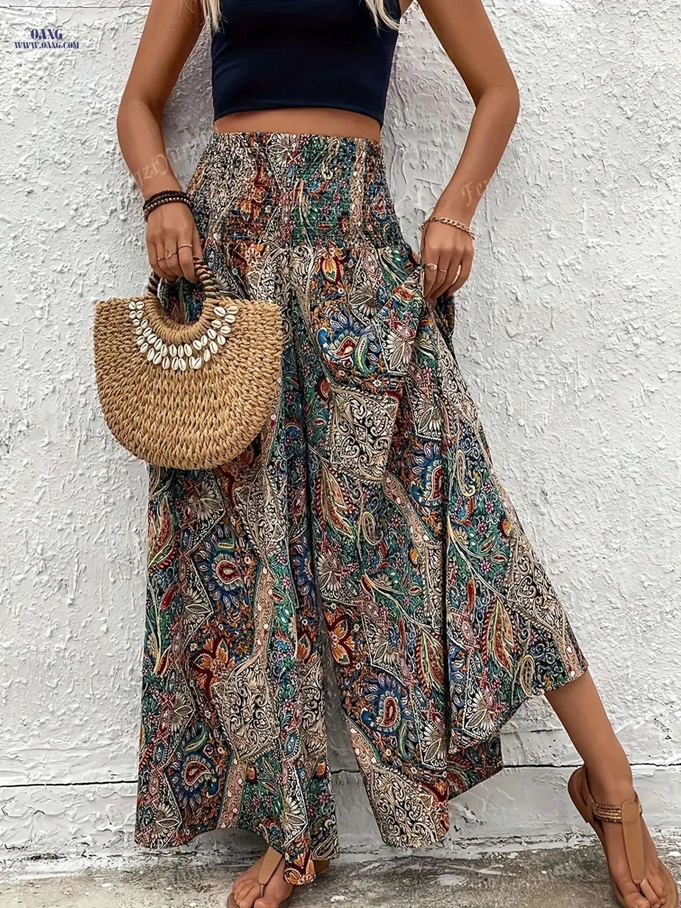 Elegant Bohemian Wide Leg Trousers – Women's High-Rise Casual Pants   OAXG 