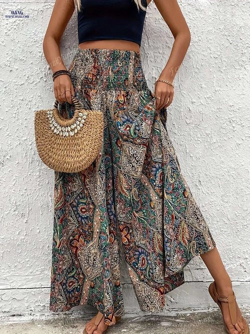 Elegant Bohemian Wide Leg Trousers – Women's High-Rise Casual Pants   OAXG 