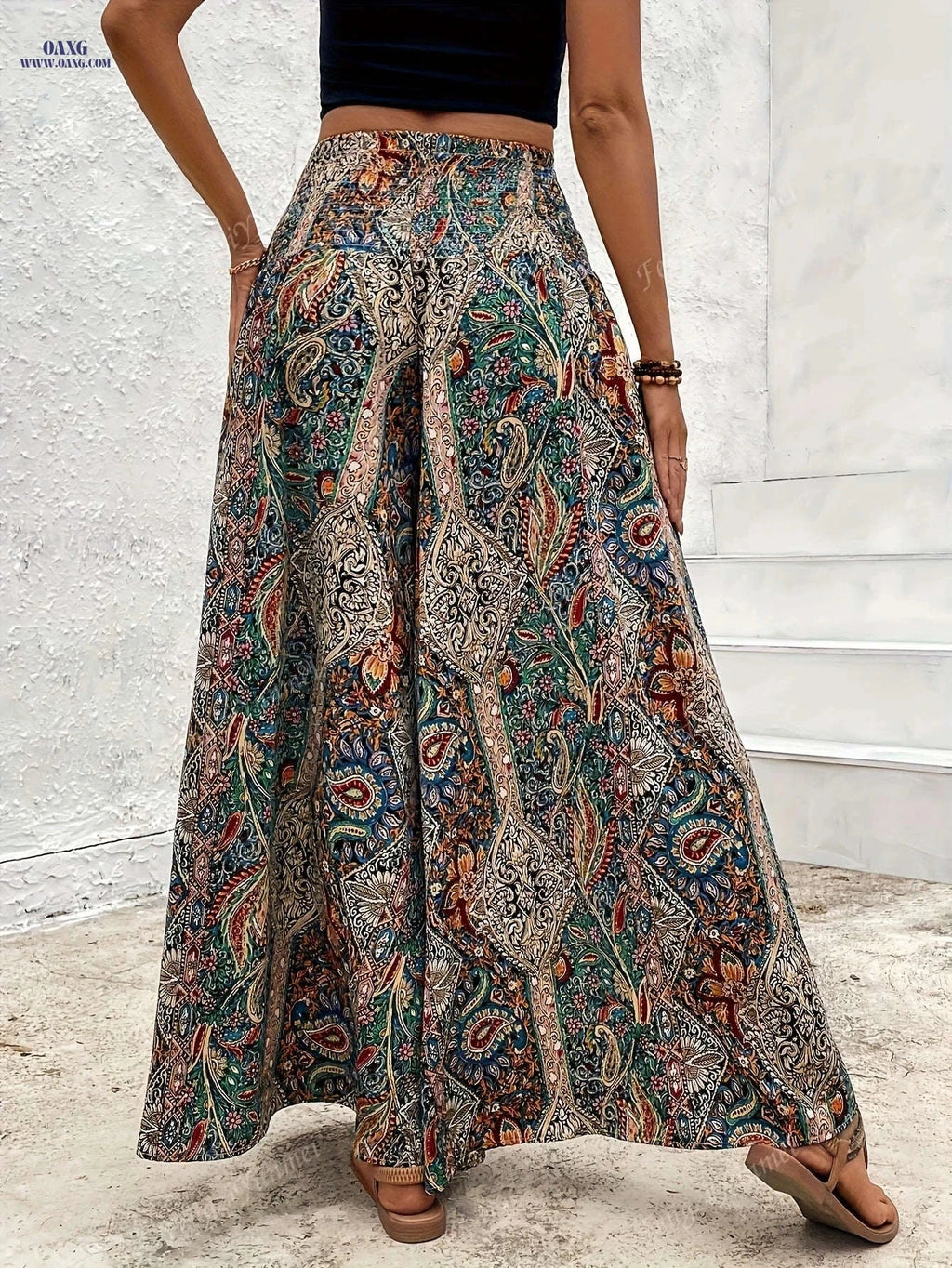 Elegant Bohemian Wide Leg Trousers – Women's High-Rise Casual Pants   OAXG 【Multicolor】 / S