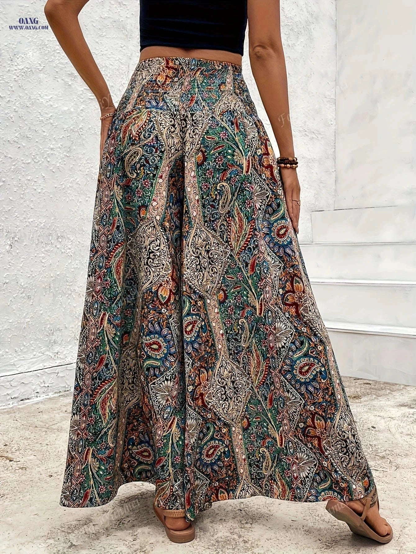 Elegant Bohemian Wide Leg Trousers – Women's High-Rise Casual Pants   OAXG 【Multicolor】 / S