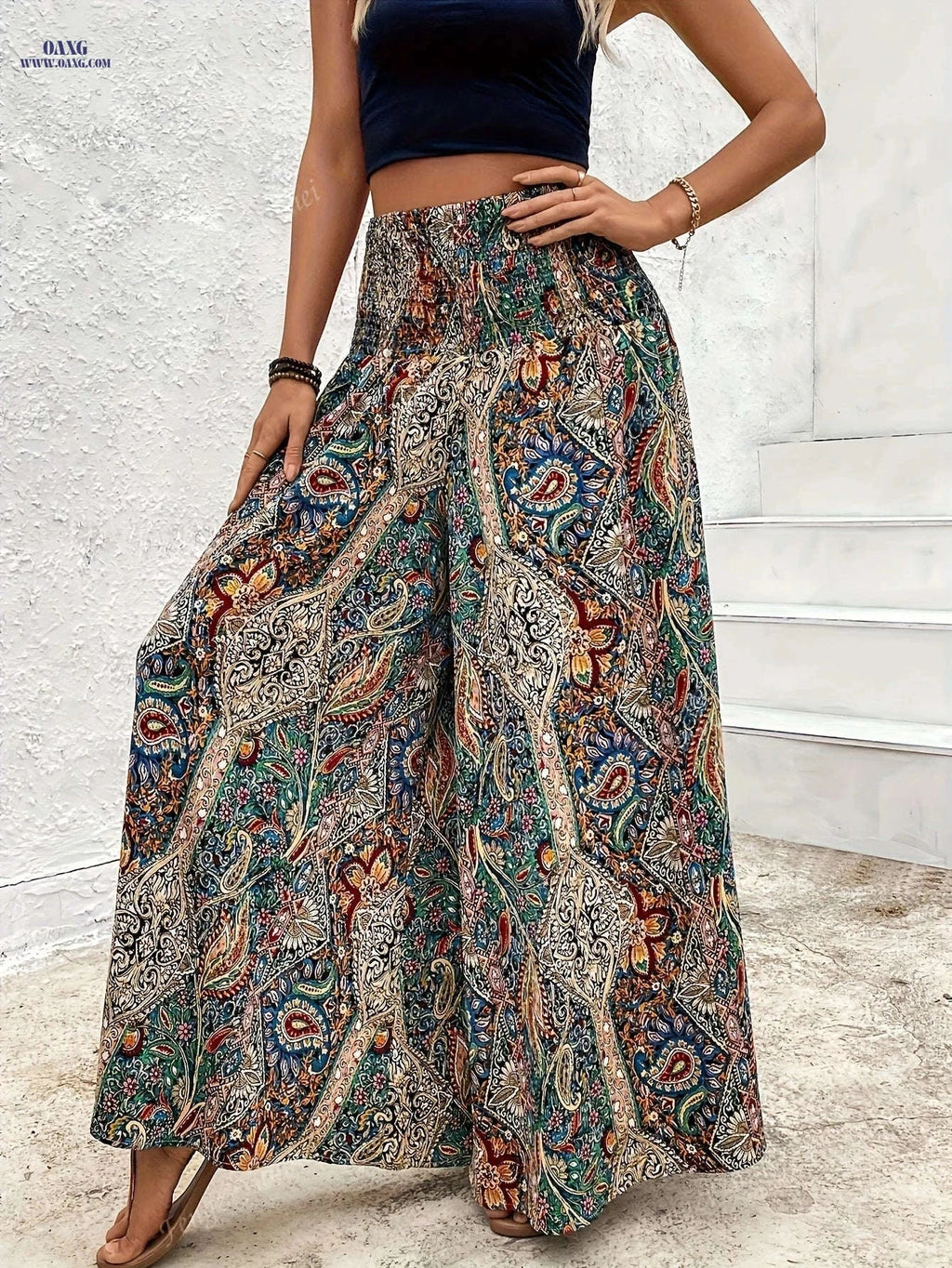 Elegant Bohemian Wide Leg Trousers – Women's High-Rise Casual Pants   OAXG 【Multicolor】 / S