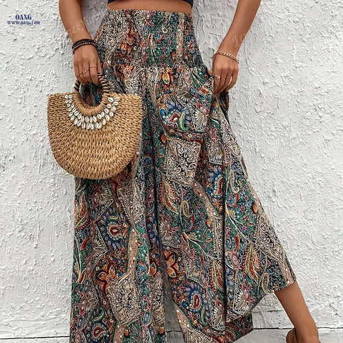 Elegant Bohemian Wide Leg Trousers – Women's High-Rise Casual Pants   OAXG 【Multicolor】 / S