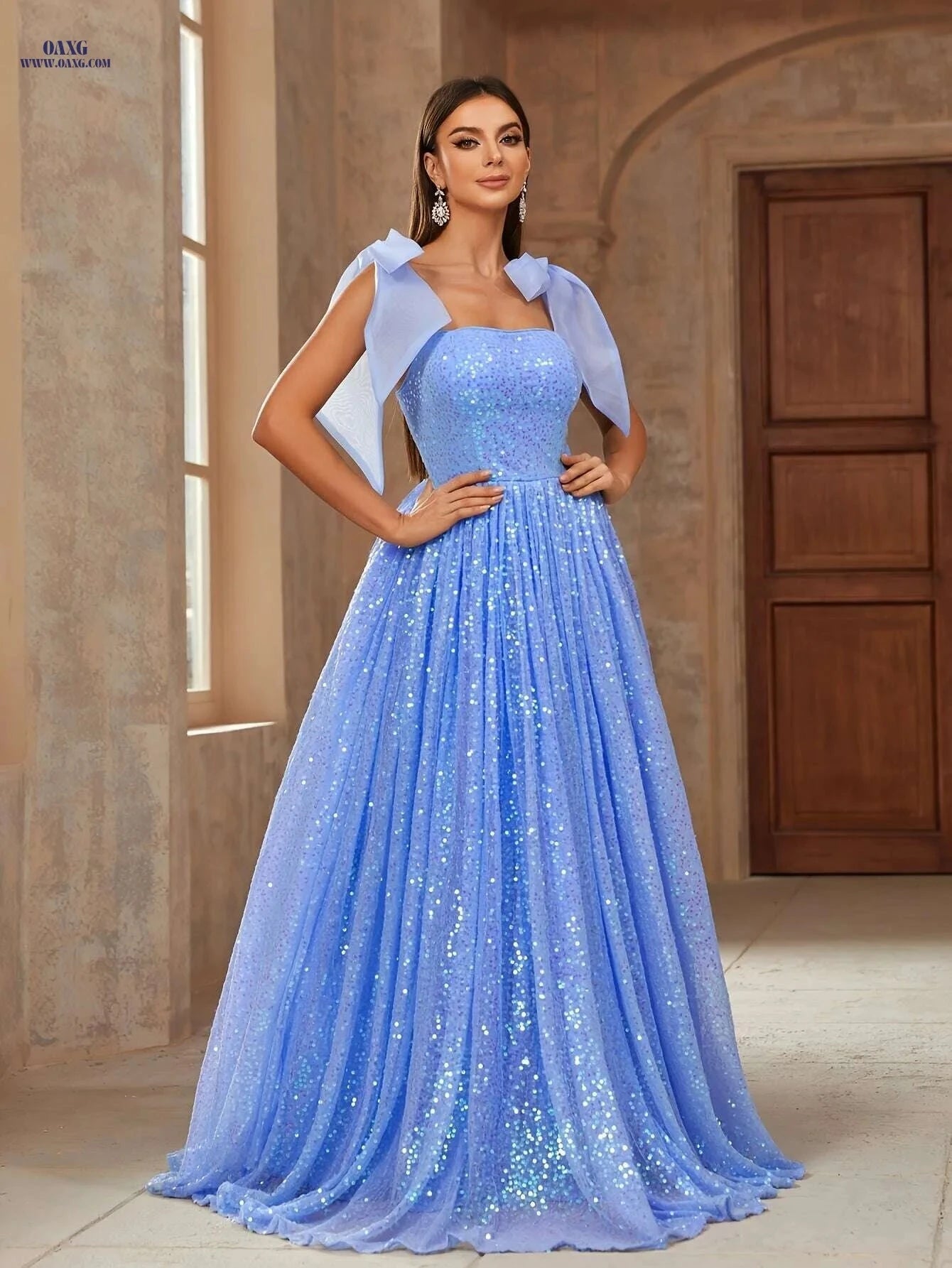 Elegant Bow Strap Sequined Dress - High Waist, Floor Length Style   OAXG Powder blue / XS