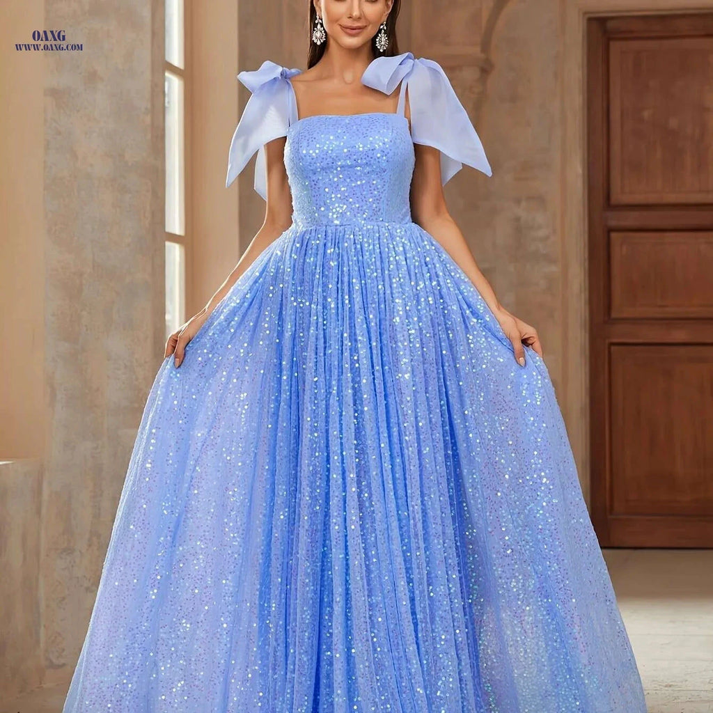Elegant Bow Strap Sequined Dress - High Waist, Floor Length Style   OAXG 