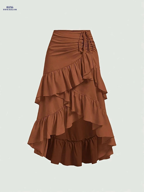 Elegant Brown Asymmetrical Ruffle Hem Skirt - Spring & Fall Style   OAXG 