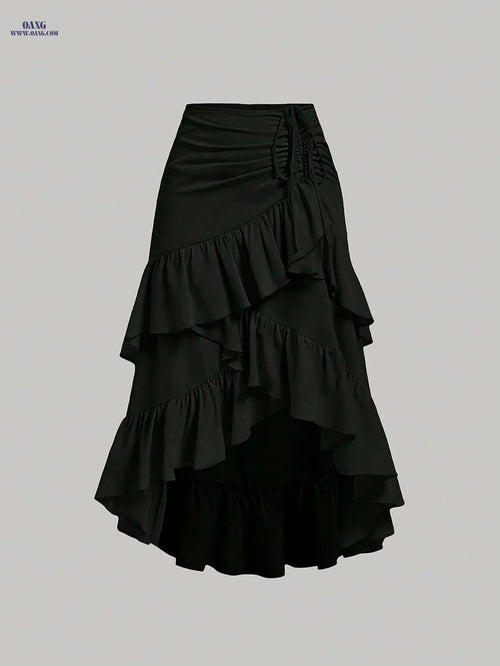 Elegant Brown Asymmetrical Ruffle Hem Skirt - Spring & Fall Style   OAXG Loess Ochre / S