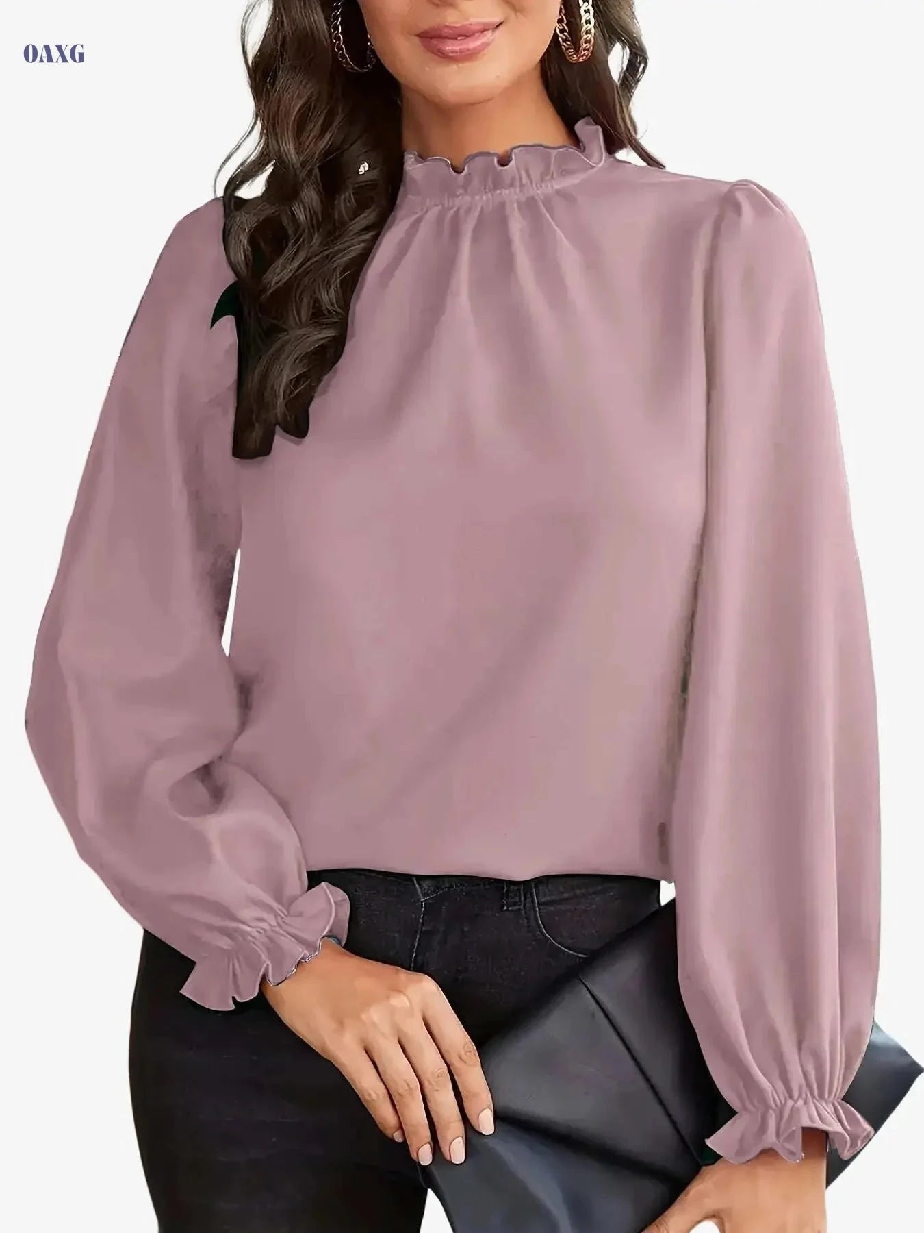 Elegant Brown Long Sleeve Blouse - Ruffle Collar Chic Top for Women   OAXG 