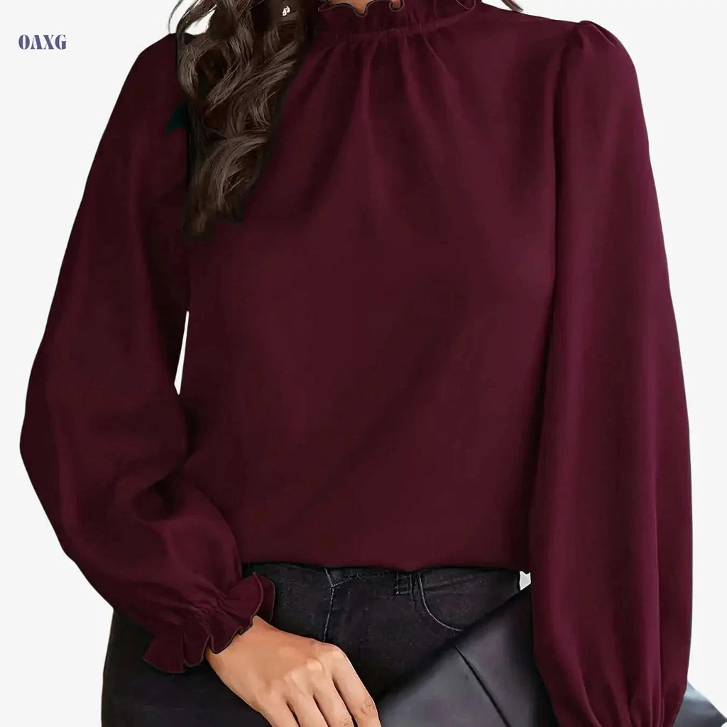 Elegant Brown Long Sleeve Blouse - Ruffle Collar Chic Top for Women   OAXG 