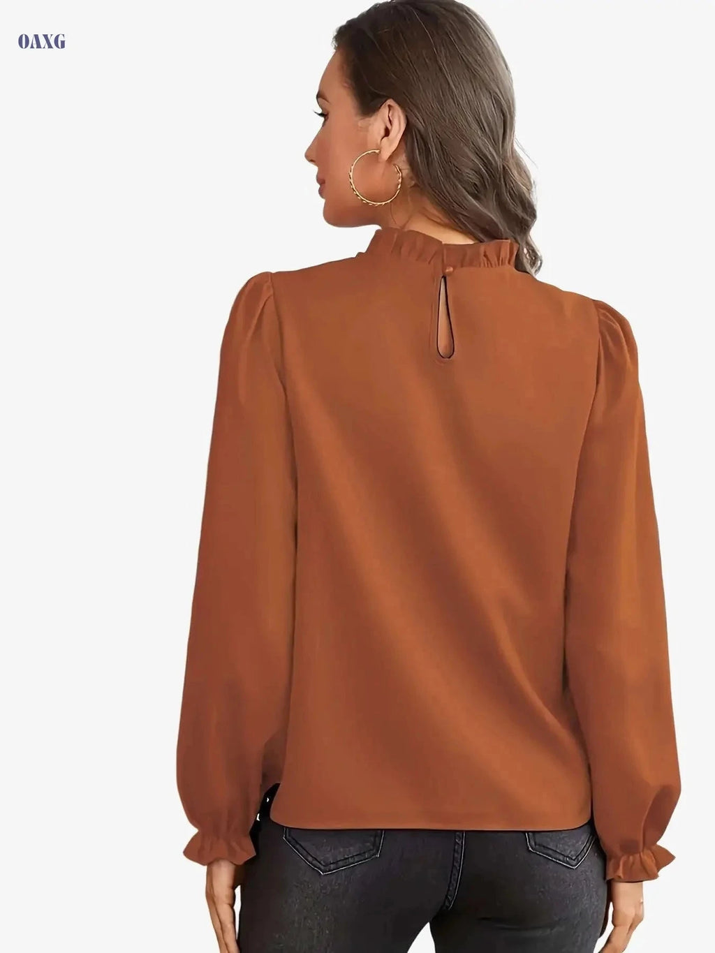 Elegant Brown Long Sleeve Blouse - Ruffle Collar Chic Top for Women   OAXG 