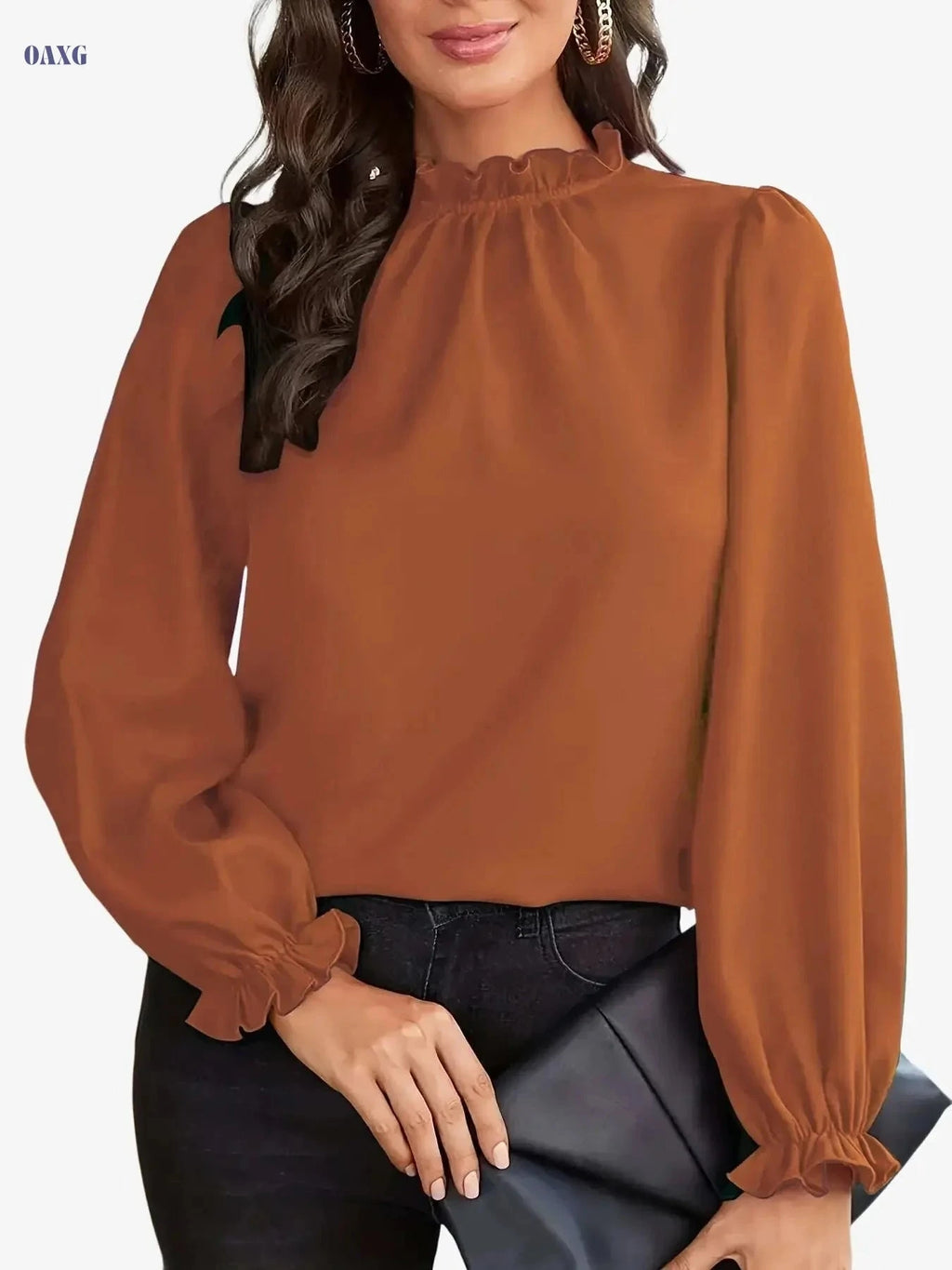 Elegant Brown Long Sleeve Blouse - Ruffle Collar Chic Top for Women   OAXG 