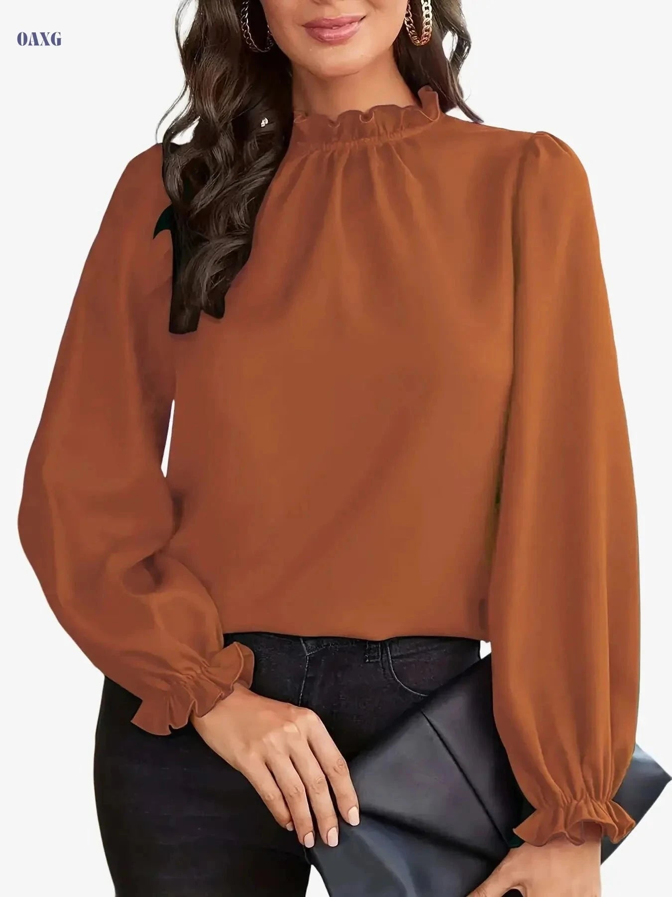 Elegant Brown Long Sleeve Blouse - Ruffle Collar Chic Top for Women   OAXG 