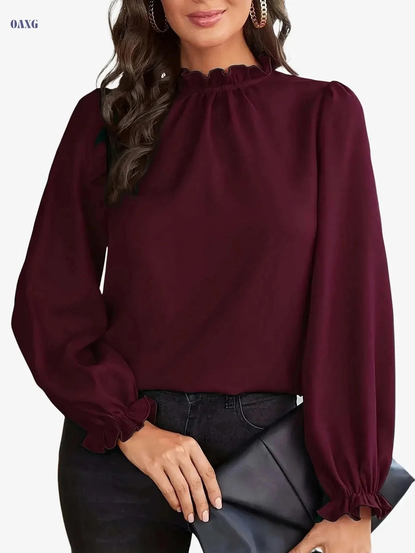 Elegant Brown Long Sleeve Blouse - Ruffle Collar Chic Top for Women   OAXG crimson / S