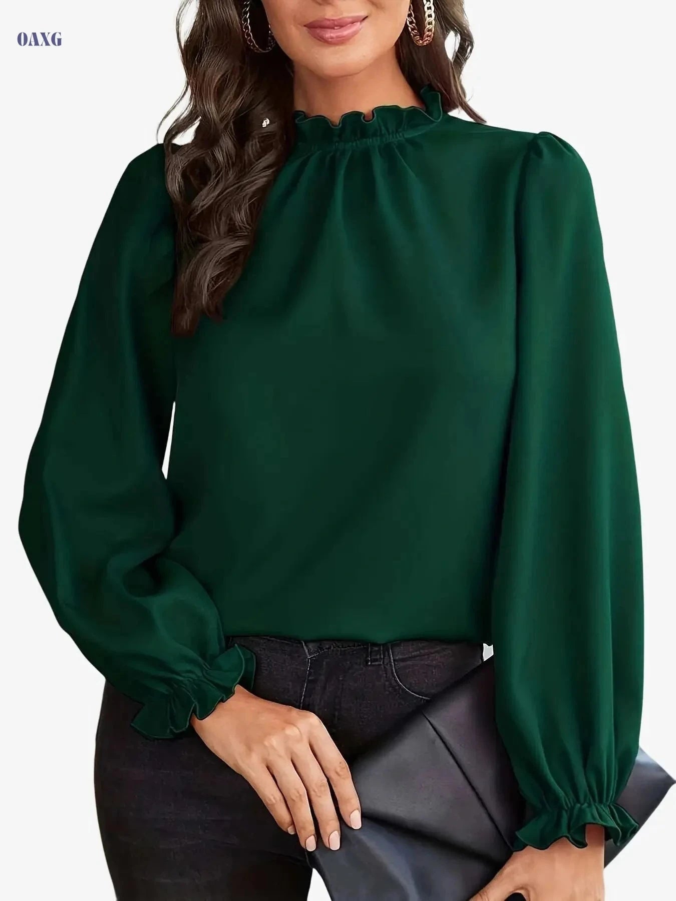 Elegant Brown Long Sleeve Blouse - Ruffle Collar Chic Top for Women   OAXG crimson / S