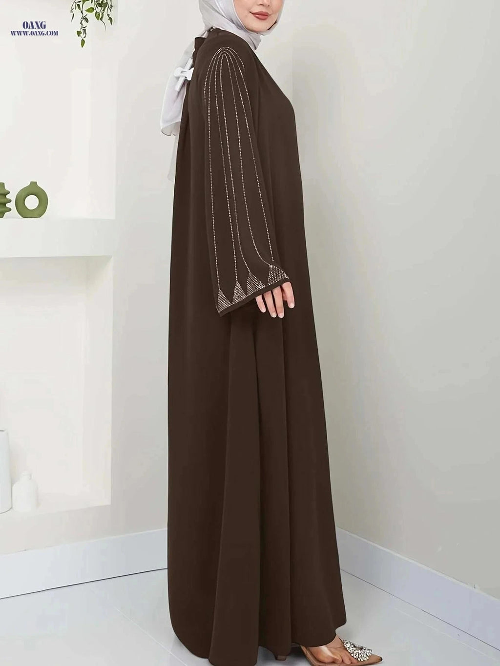 Elegant Brown Rhinestone Abaya Dress - Long Sleeve Loose Fit Fashion   OAXG Coffee color / S