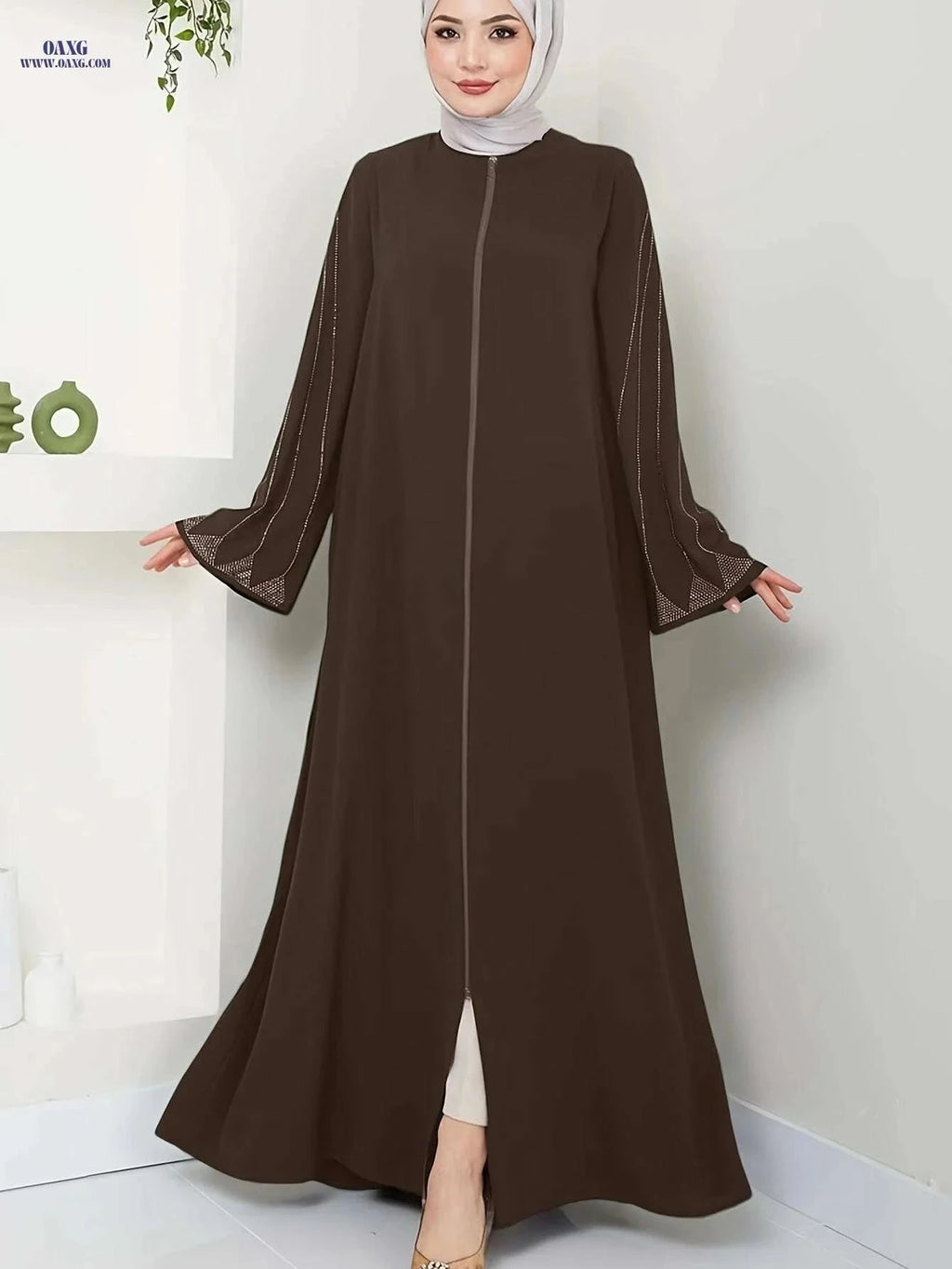 Elegant Brown Rhinestone Abaya Dress - Long Sleeve Loose Fit Fashion   OAXG Coffee color / S