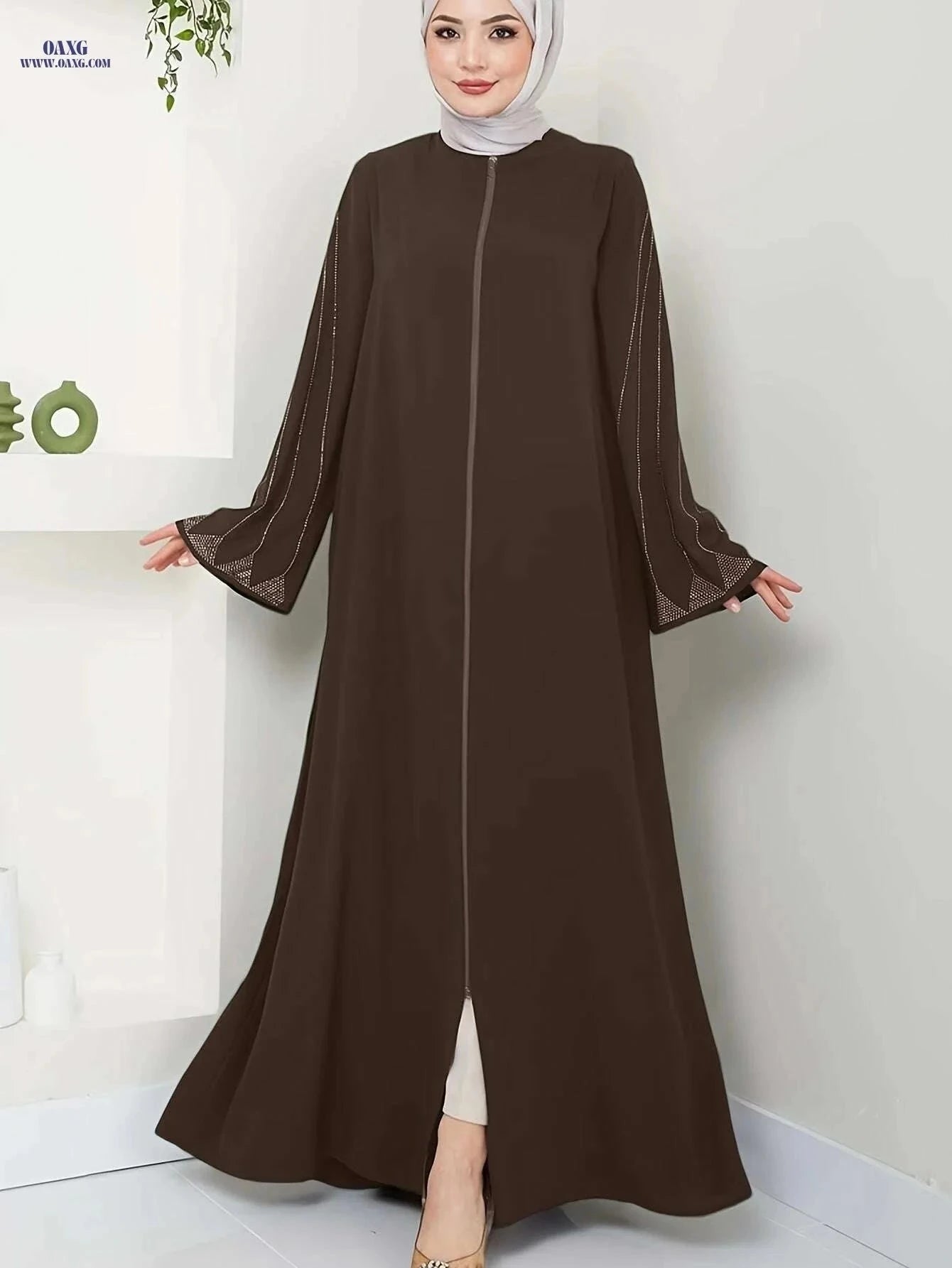 Elegant Brown Rhinestone Abaya Dress - Long Sleeve Loose Fit Fashion   OAXG Coffee color / S