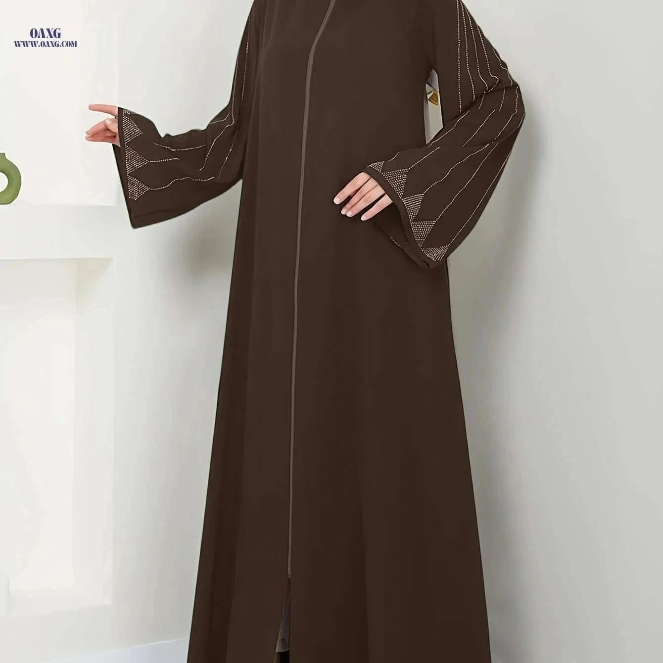Elegant Brown Rhinestone Abaya Dress - Long Sleeve Loose Fit Fashion   OAXG Coffee color / S