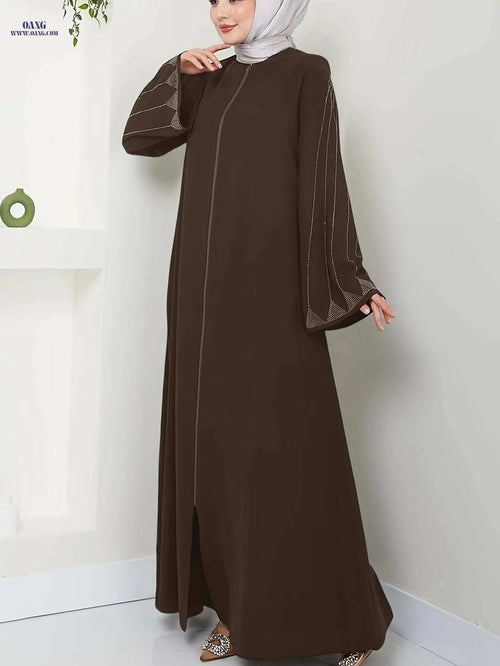 Elegant Brown Rhinestone Abaya Dress - Long Sleeve Loose Fit Fashion   OAXG Coffee color / S