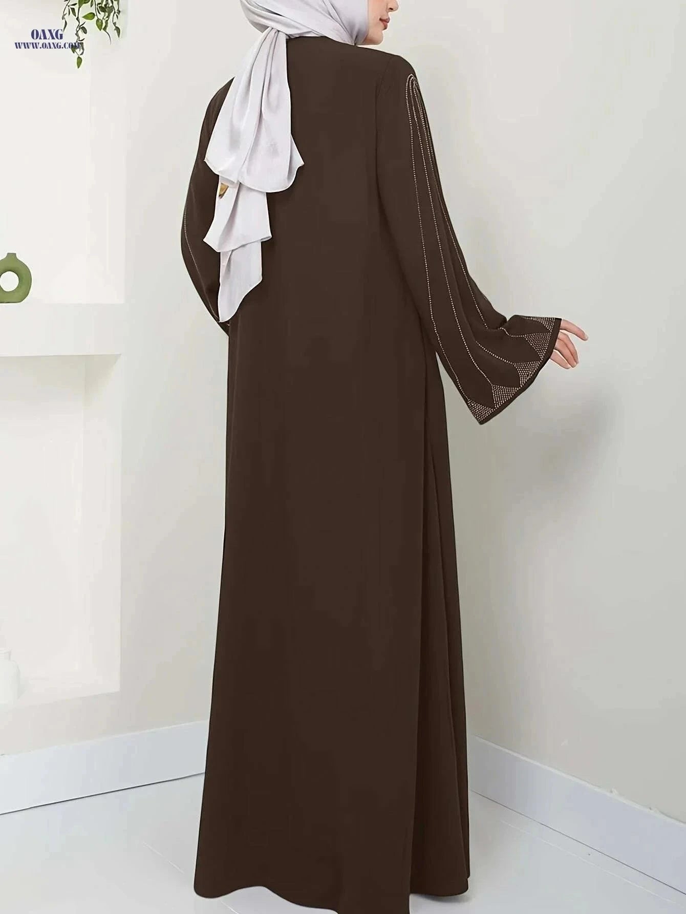 Elegant Brown Rhinestone Abaya Dress - Long Sleeve Loose Fit Fashion   OAXG Coffee color / S