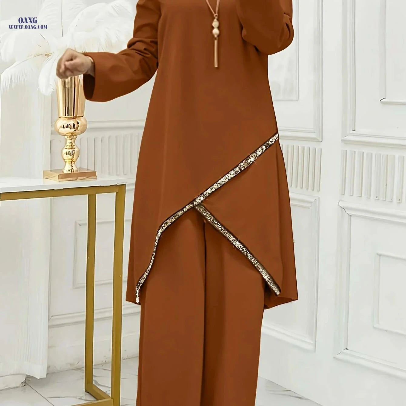 Elegant Brown Women's Abaya - Long Sleeve, Wide-Leg Design   OAXG 