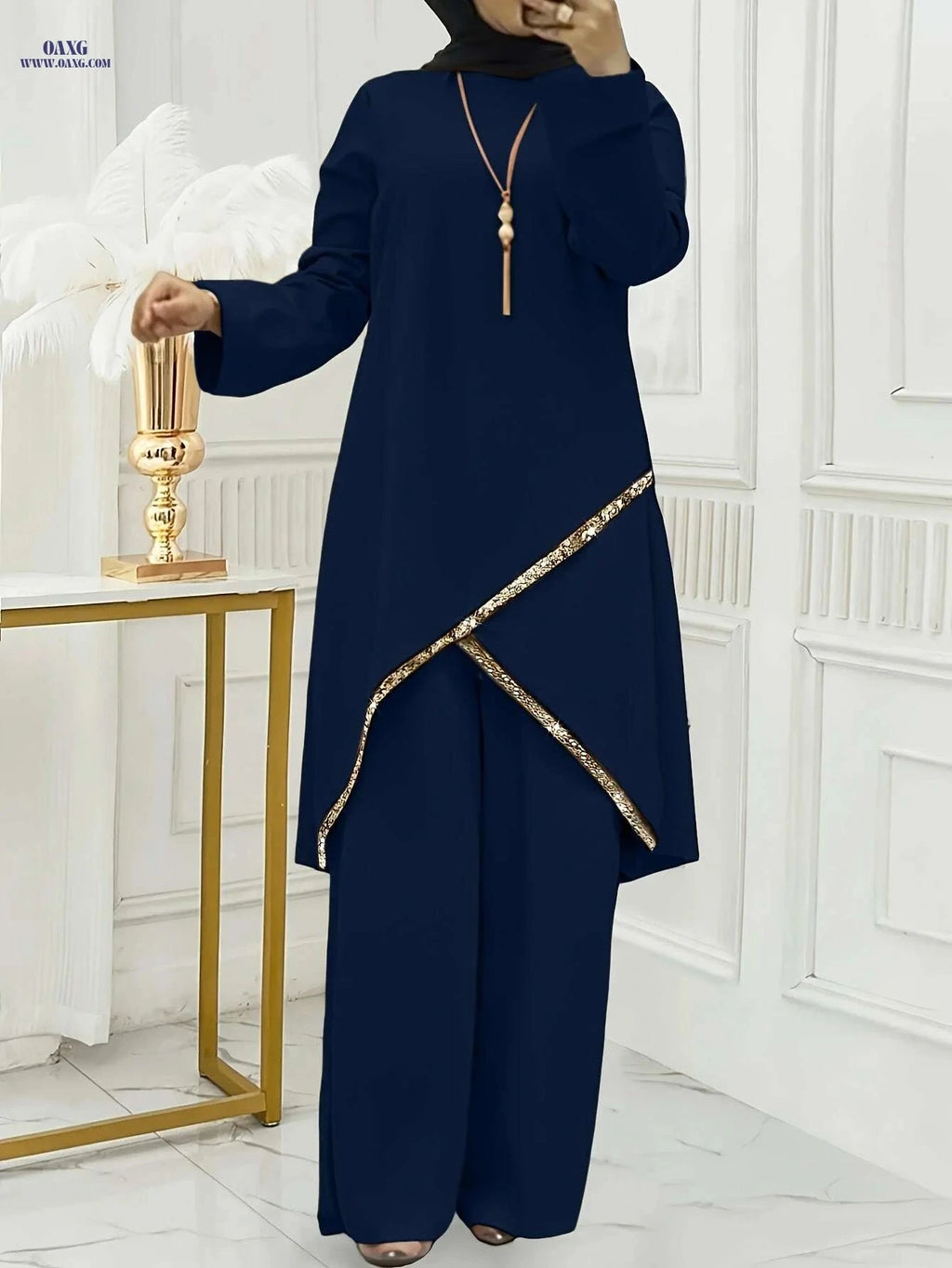 Elegant Brown Women's Abaya - Long Sleeve, Wide-Leg Design   OAXG 