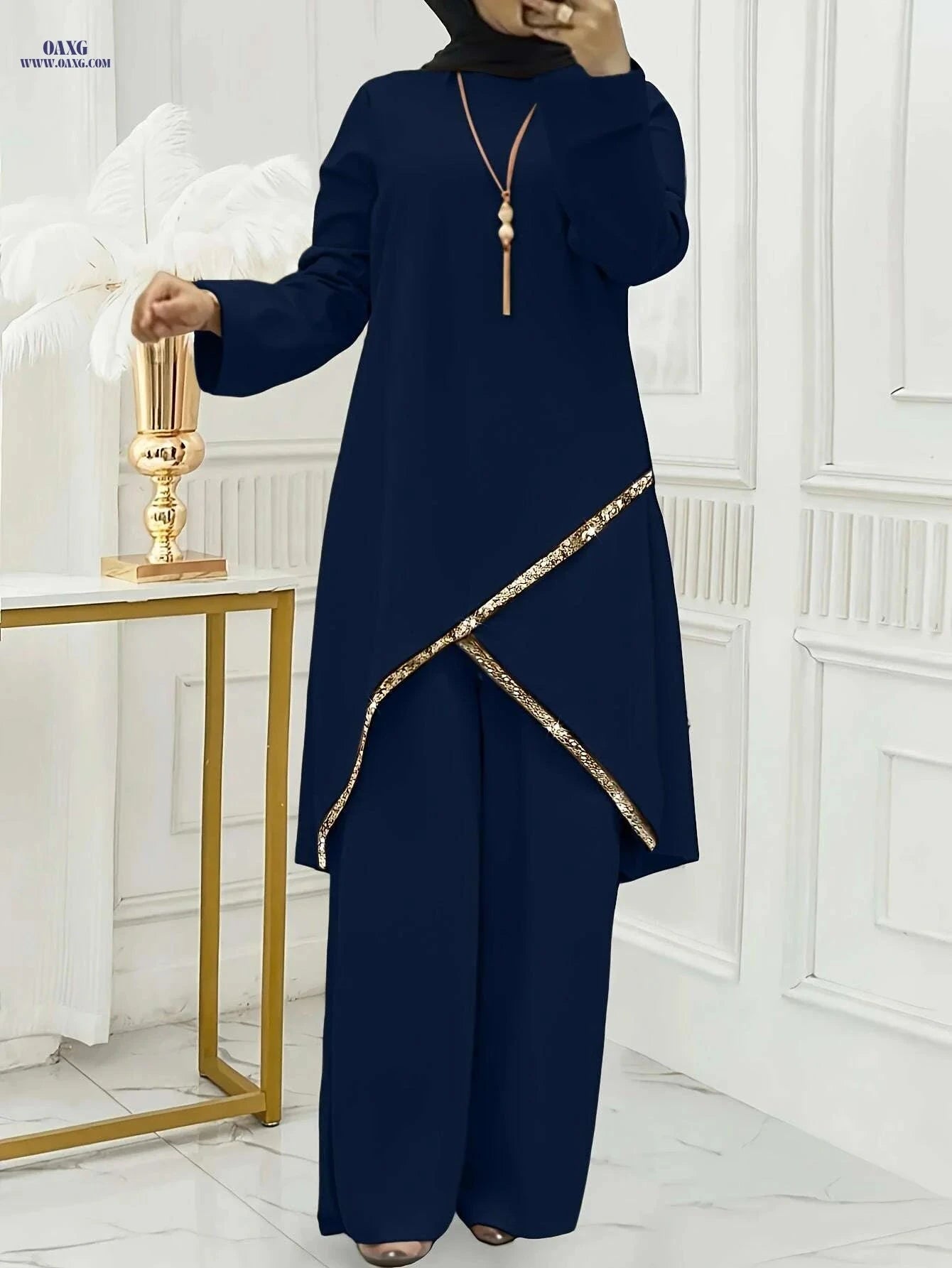 Elegant Brown Women's Abaya - Long Sleeve, Wide-Leg Design   OAXG 