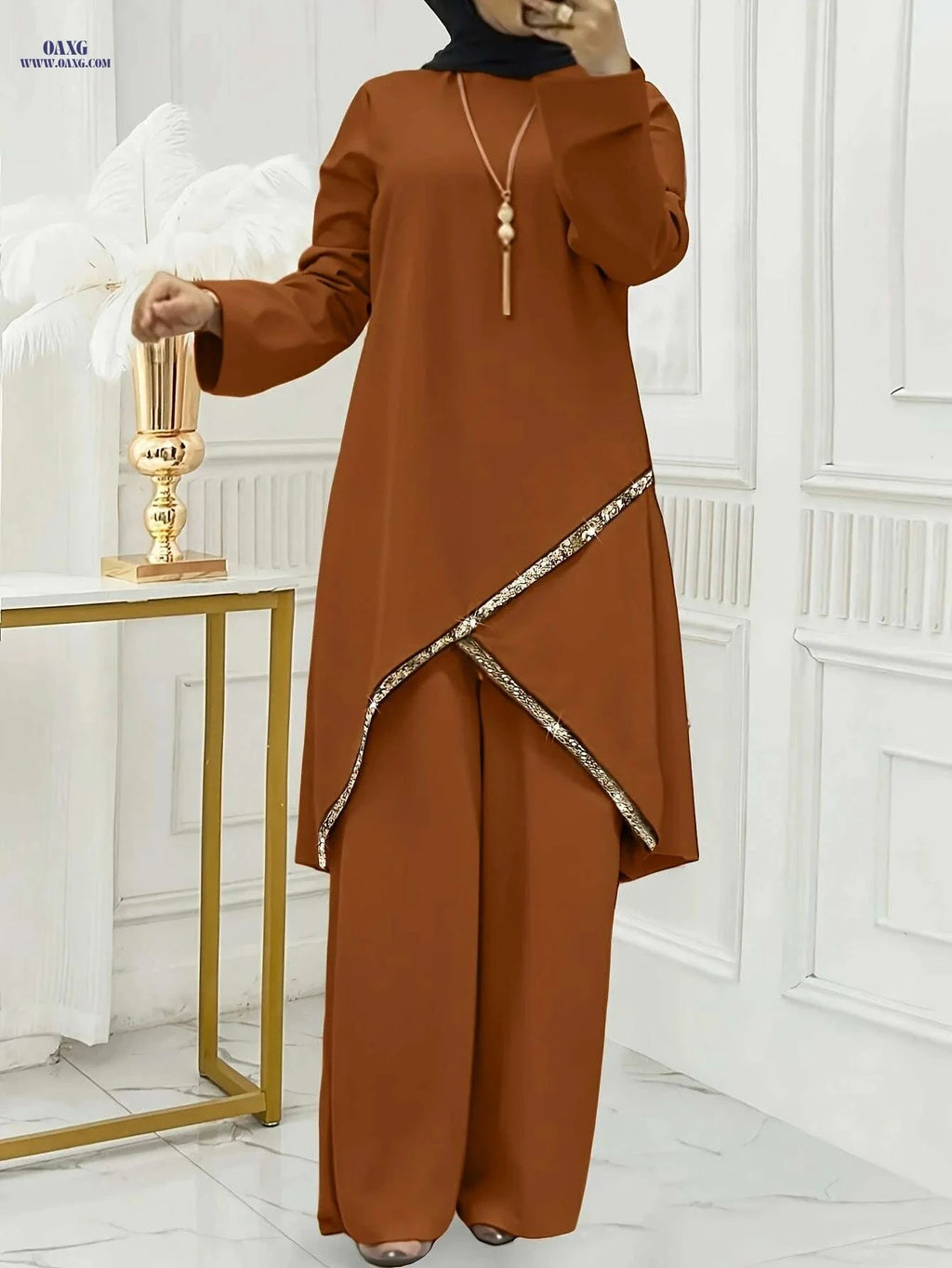 Elegant Brown Women's Abaya - Long Sleeve, Wide-Leg Design   OAXG 