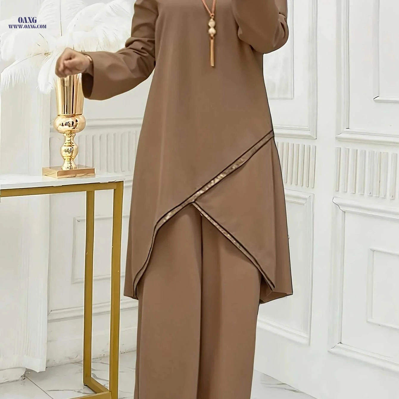 Elegant Brown Women's Abaya - Long Sleeve, Wide-Leg Design   OAXG 