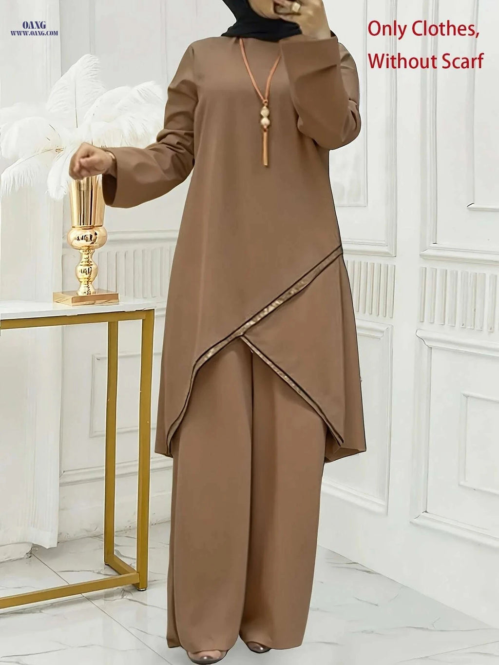 Elegant Brown Women's Abaya - Long Sleeve, Wide-Leg Design   OAXG 