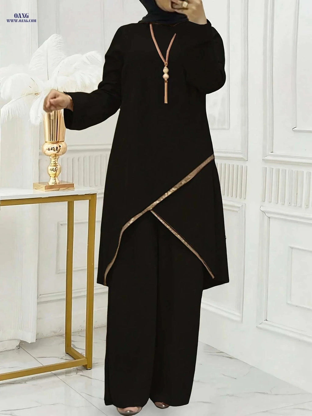Elegant Brown Women's Abaya - Long Sleeve, Wide-Leg Design   OAXG 
