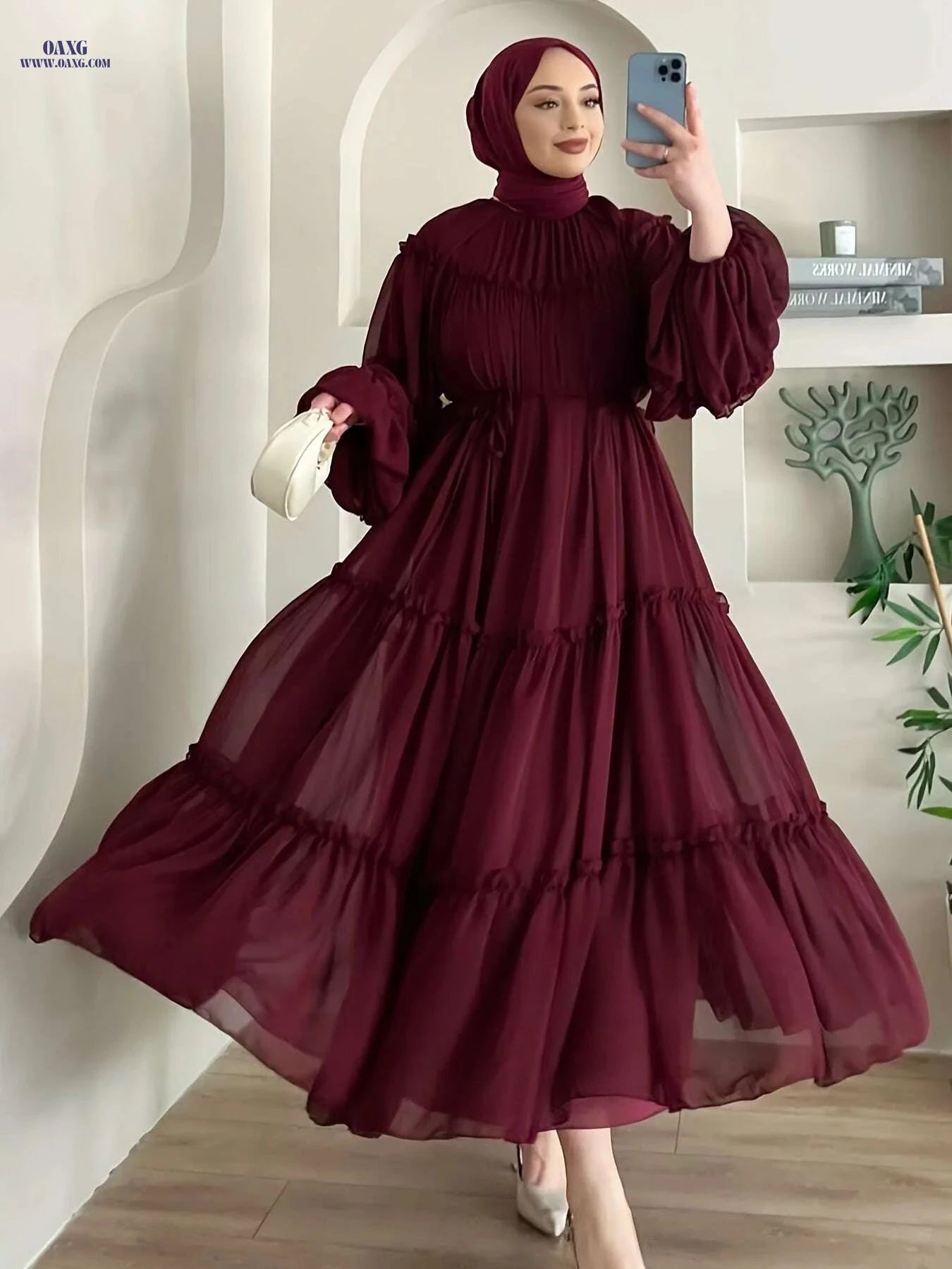 Elegant Burgundy Abaya Dress - Modest Full-Length Hijab Gown   OAXG 