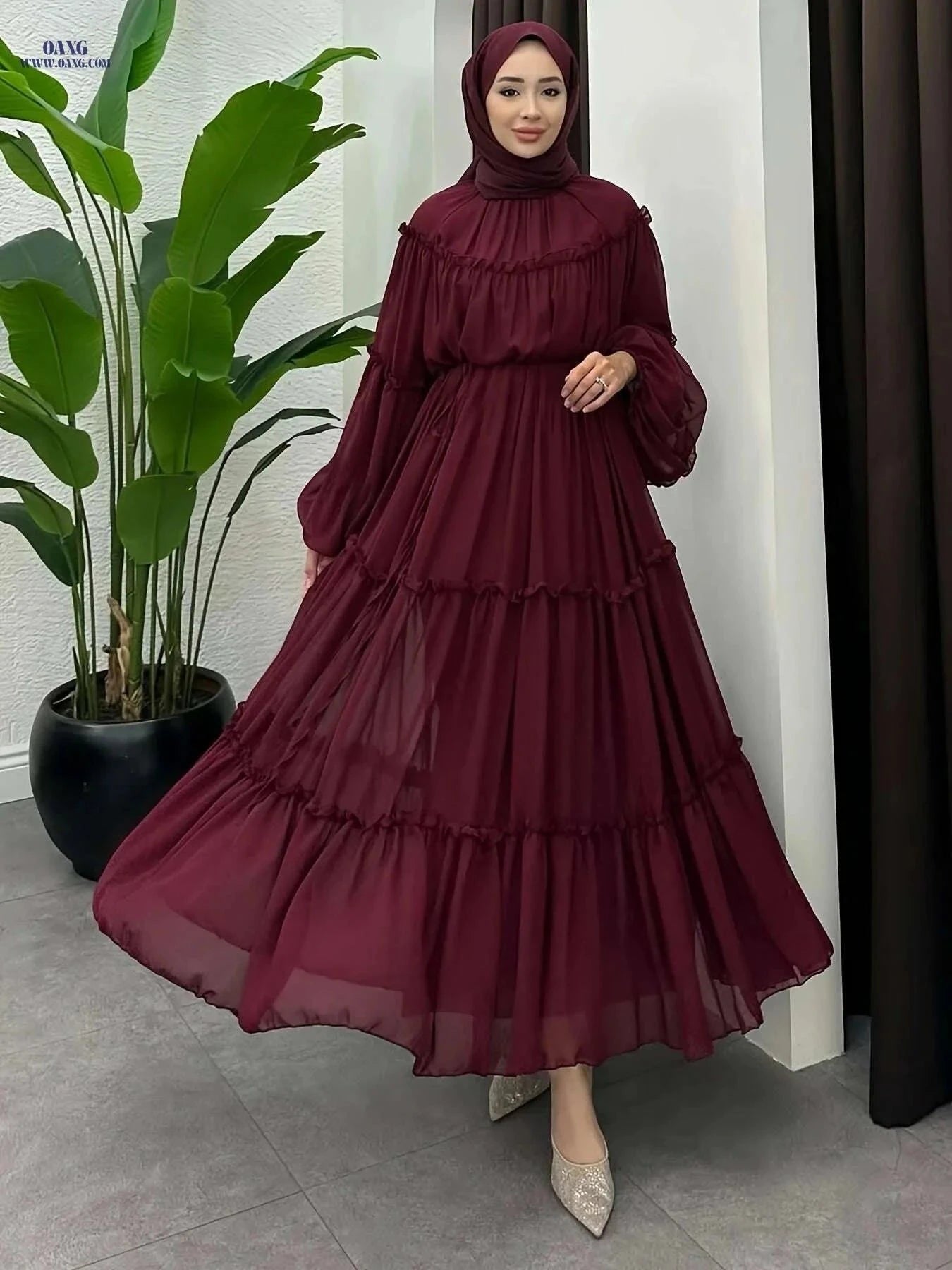 Elegant Burgundy Abaya Dress - Modest Full-Length Hijab Gown   OAXG Pink Color / S