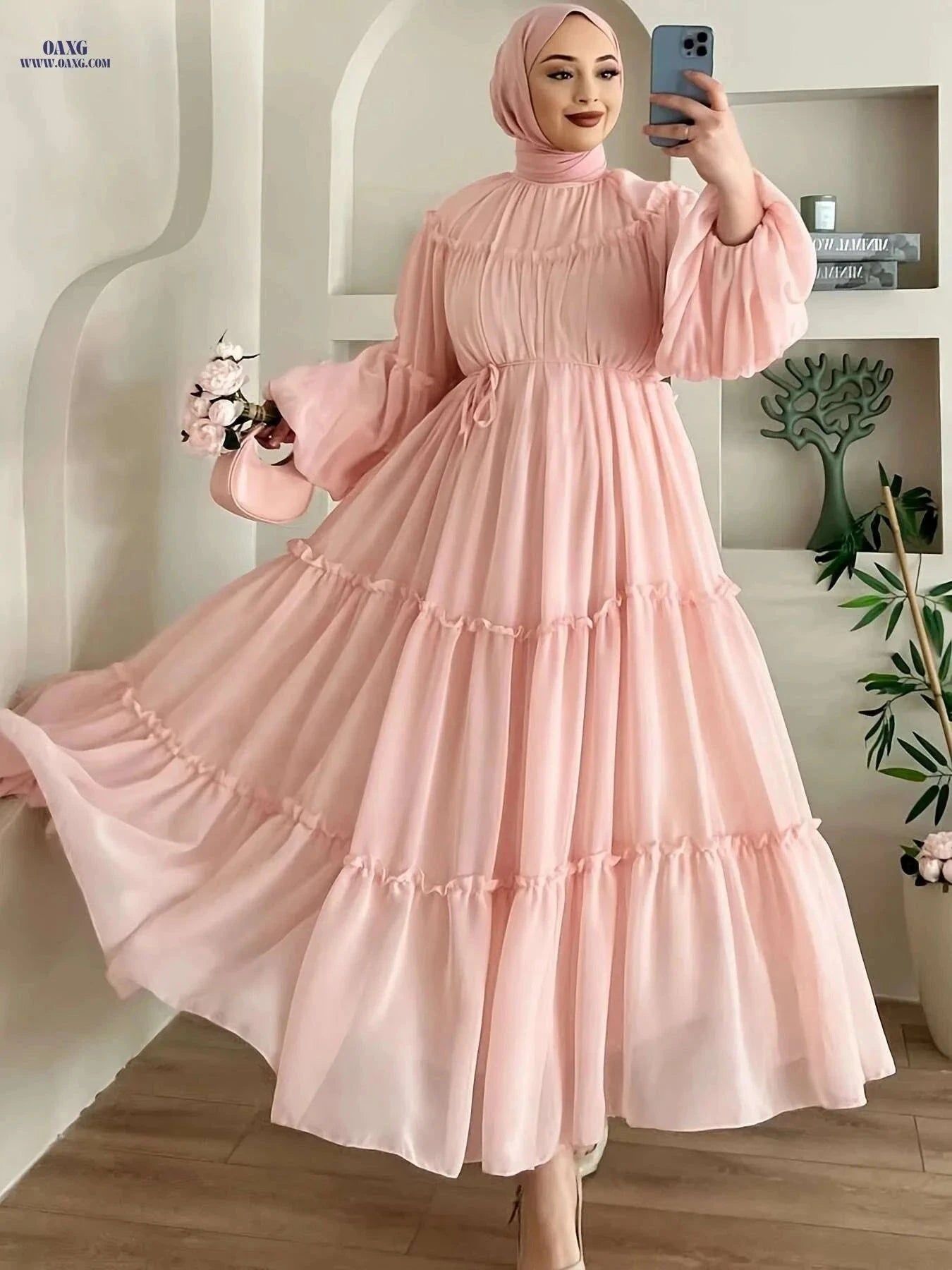 Elegant Burgundy Abaya Dress - Modest Full-Length Hijab Gown   OAXG Pink Color / S