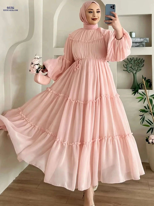 Elegant Burgundy Abaya Dress - Modest Full-Length Hijab Gown   OAXG Pink Color / S