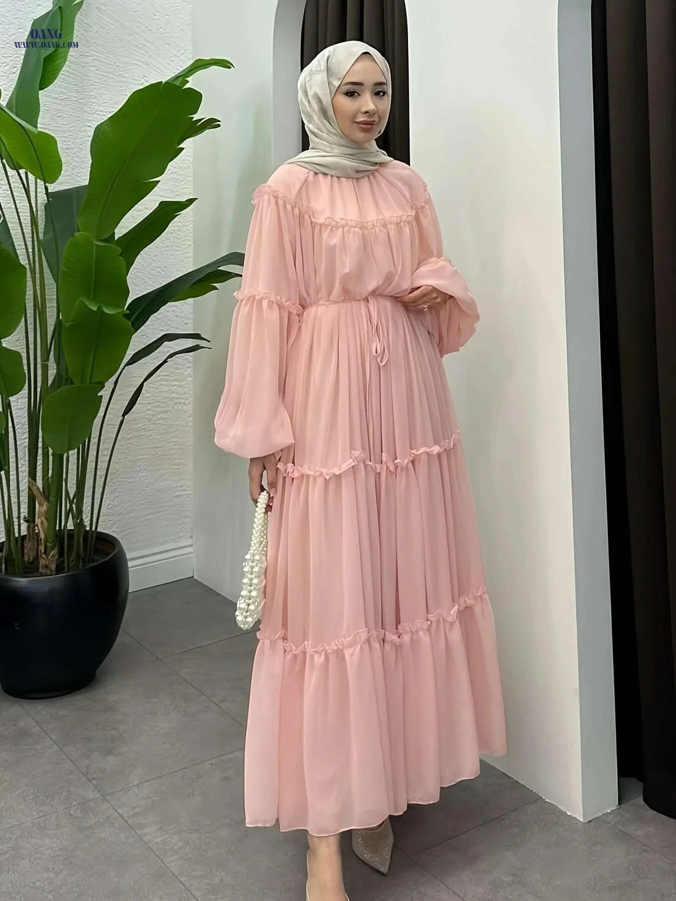 Elegant Burgundy Abaya Dress - Modest Full-Length Hijab Gown   OAXG Pink Color / S